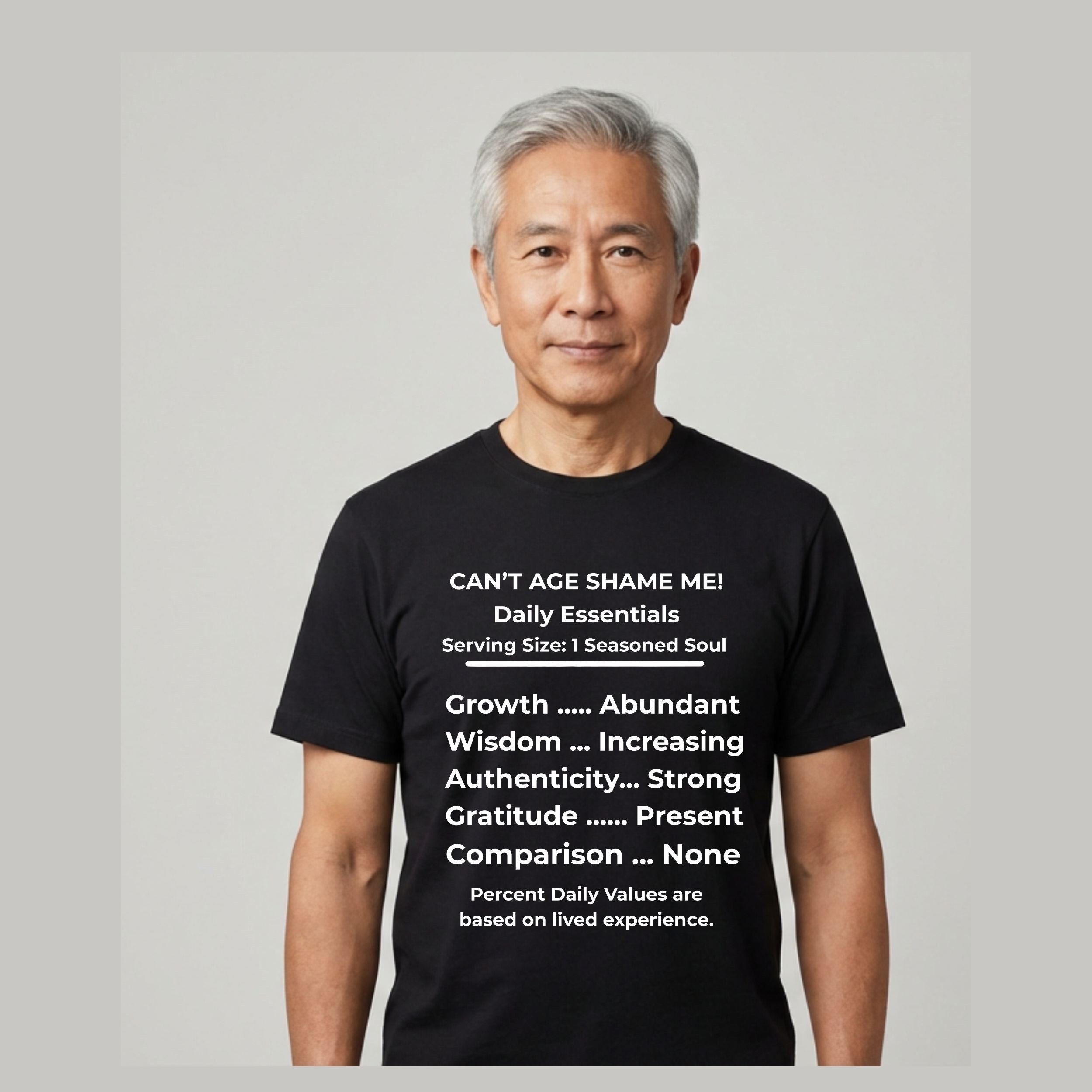 a.	Man wearing a Nutrition Facts Daily Essentials for Can’t Age Shame Me Unisex T-shirt