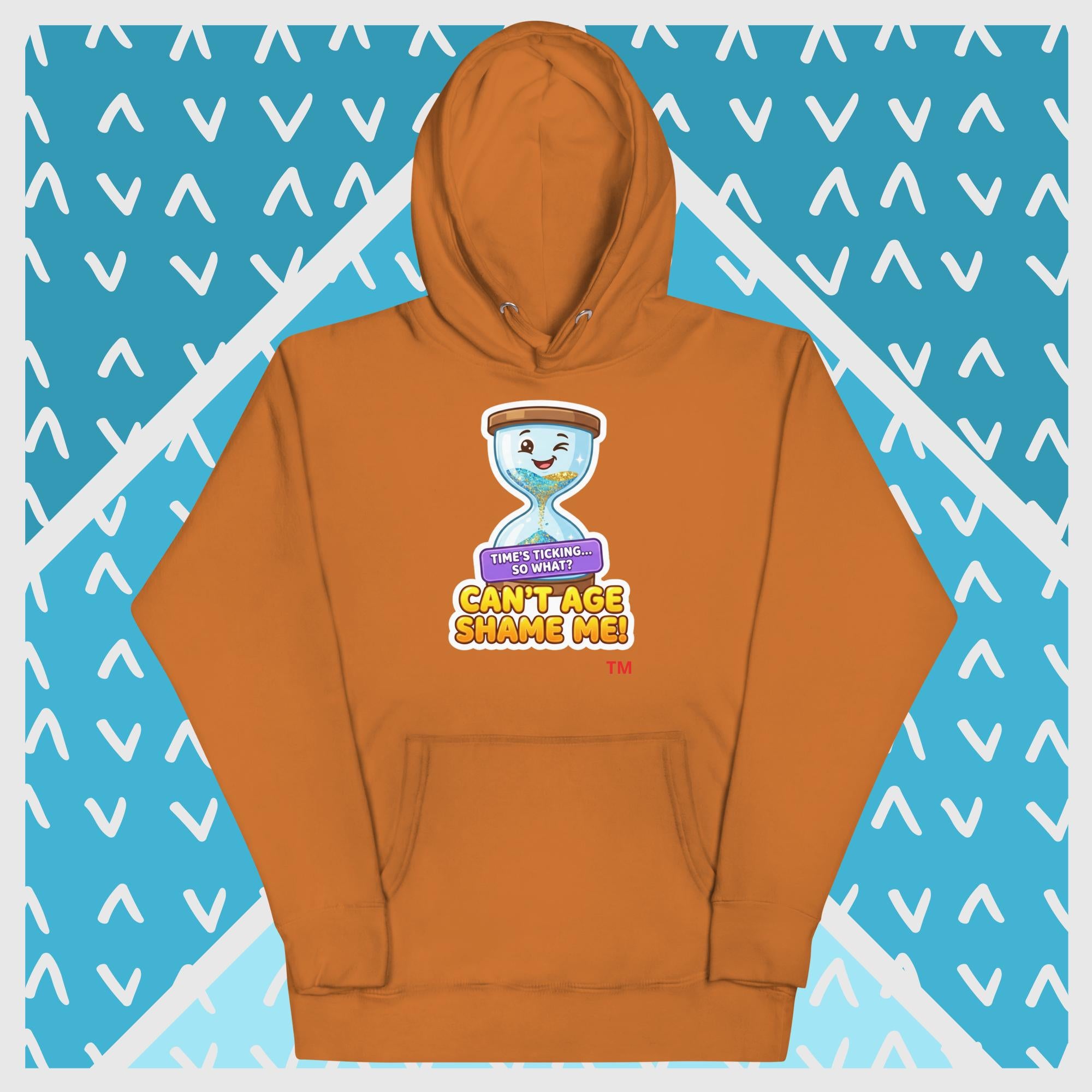 Adobe hoodie with a hour glass design on a blue background with white geometric patterns