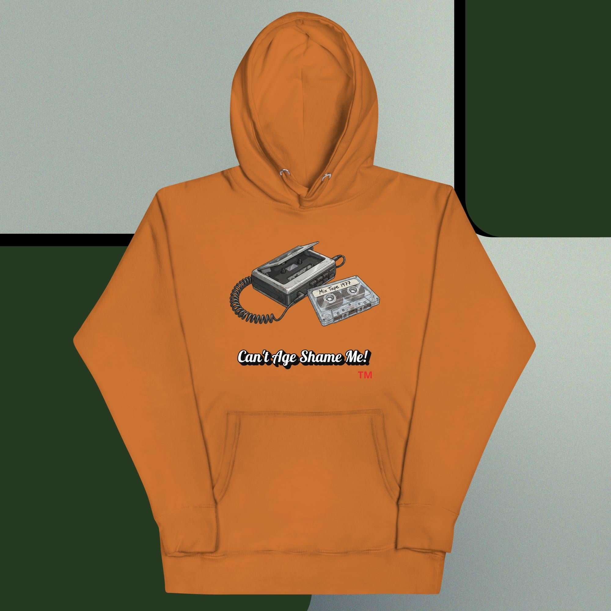 adobe hoodie with a graphic of a cassette tape and text on a gray and green background