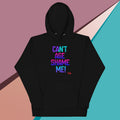 Black hoodie with colorful text on a multicolored background