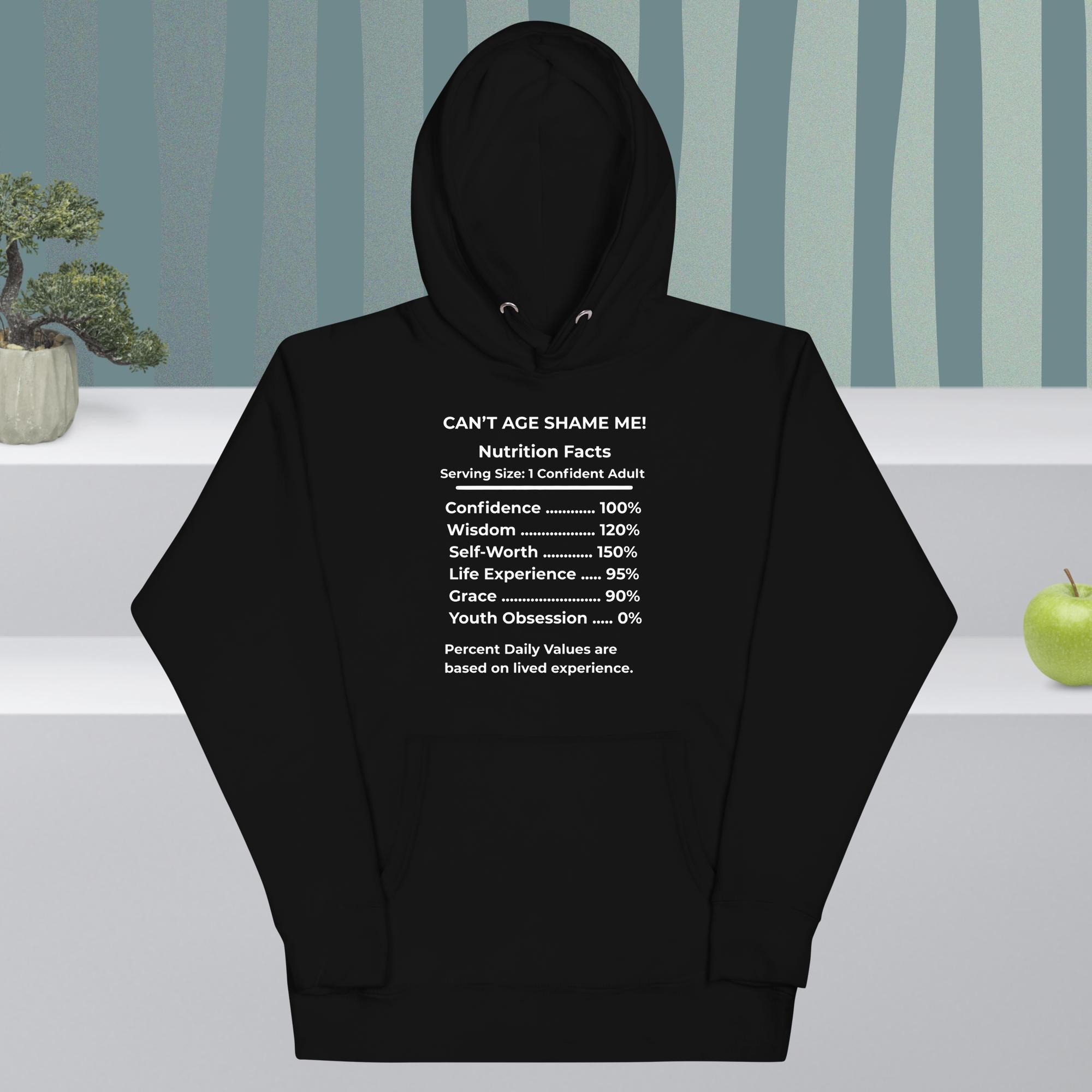 black Nutrition Facts Hoodie: Youth Not required (white text)

