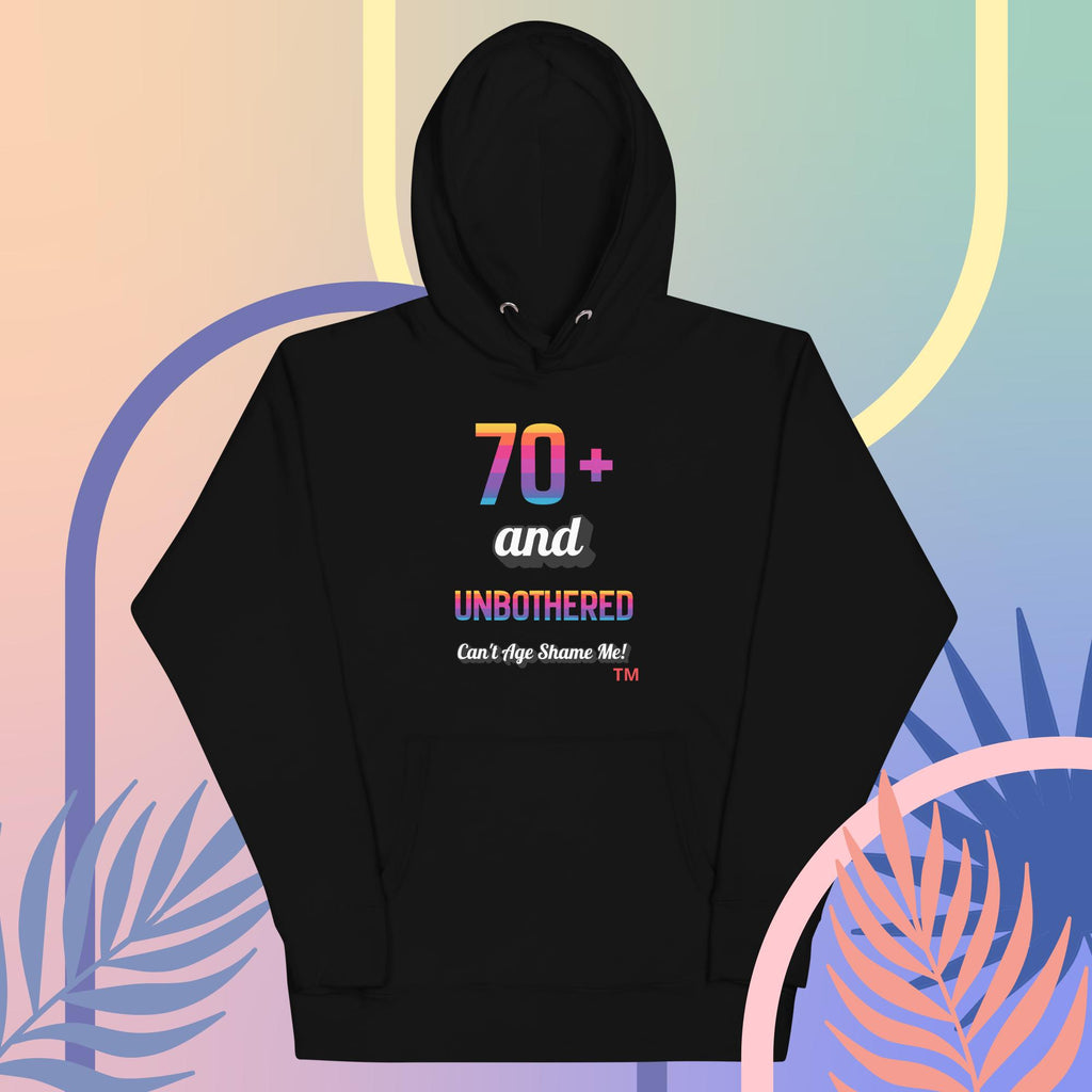 Black hoodie with colorful text design on a multicolored abstract background