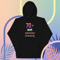 Black hoodie with colorful text design on a multicolored abstract background