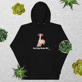 Black hoodie with graphic design and text, Can’t Age Shame Me!, on a patterned background with succulents
