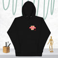 Black hoodie with a red and white logo text 'CAN'T AGE SHAME ME! on a light gray background