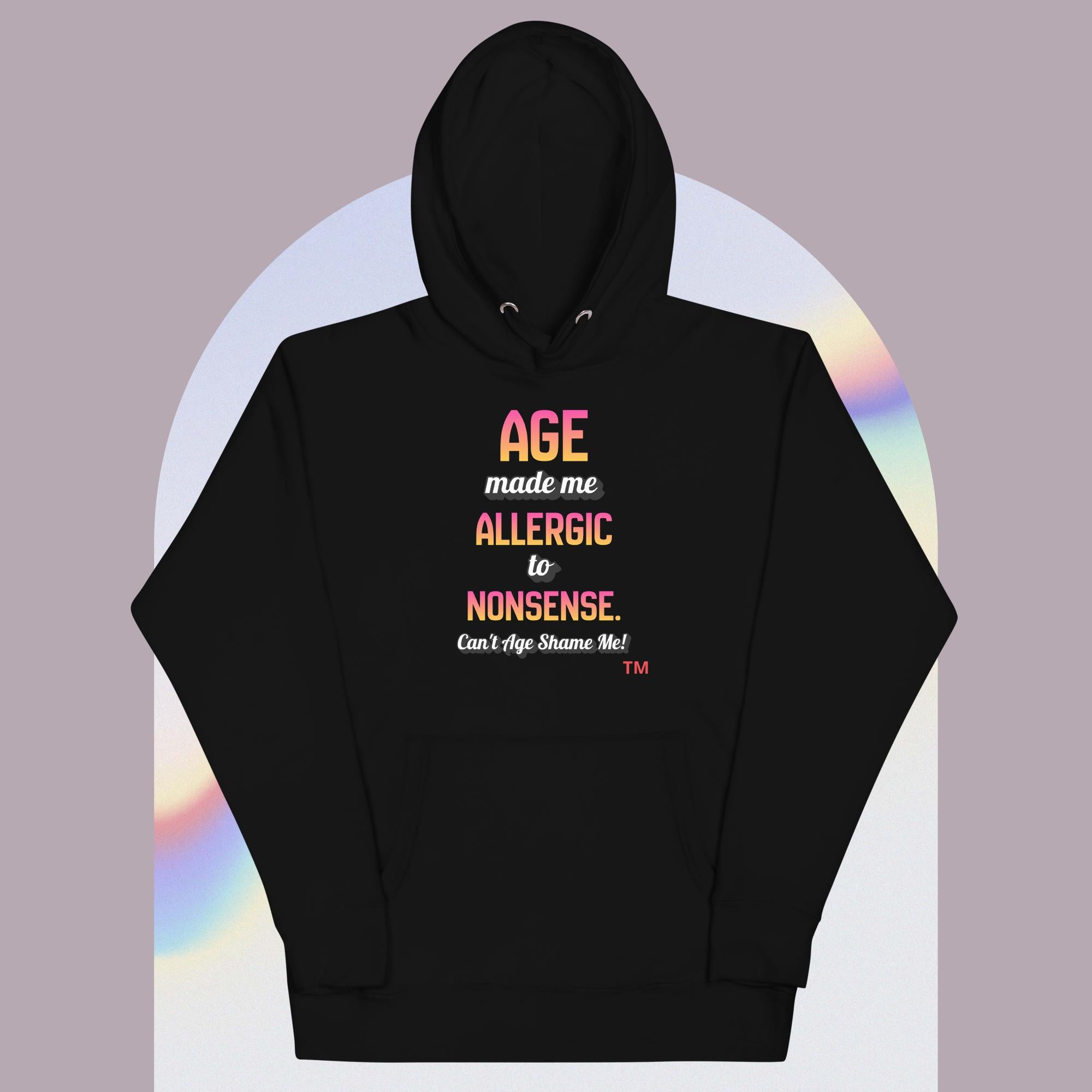 Black hoodie with colorful text on a gradient background