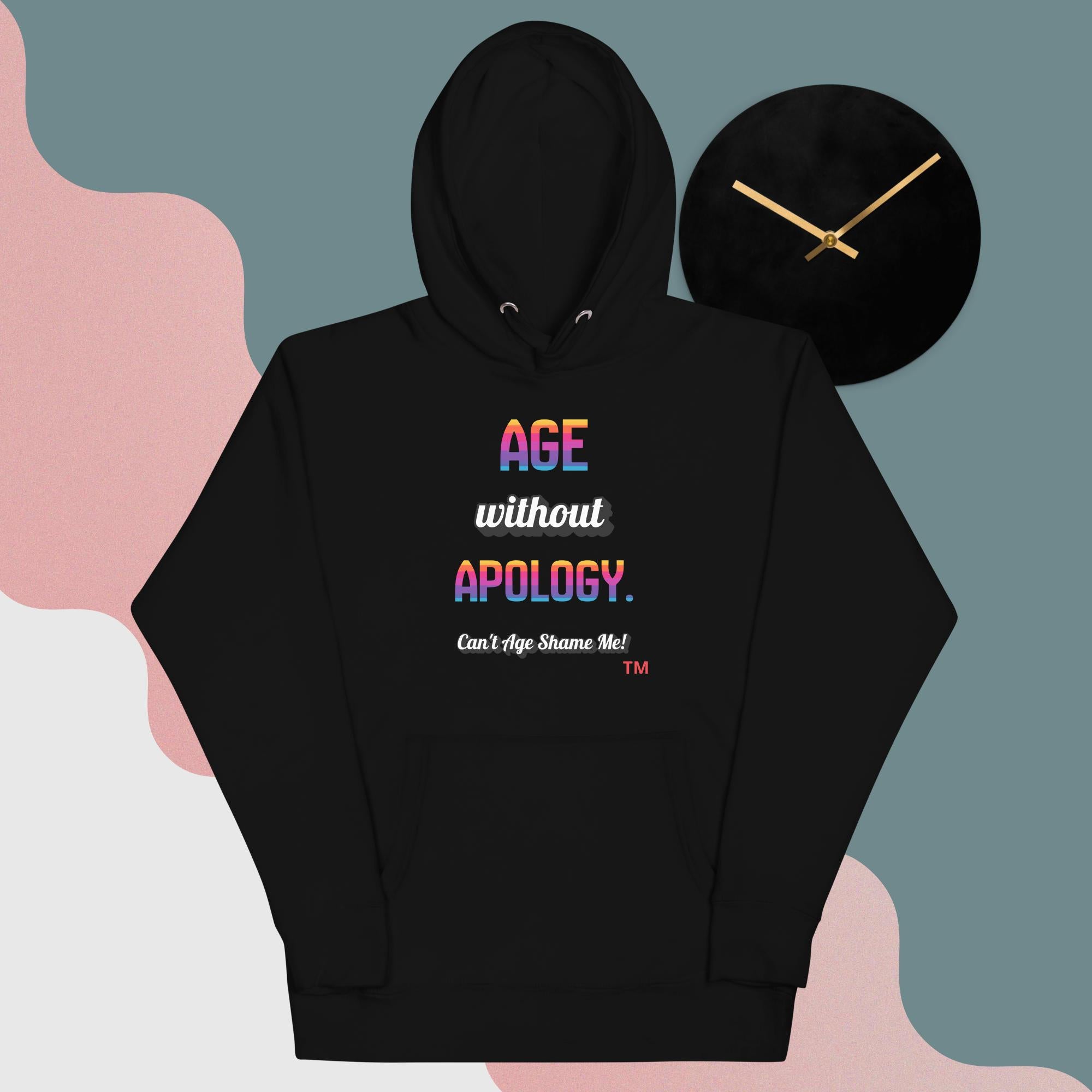Black hoodie with colorful text design and a clock on a multicolored background