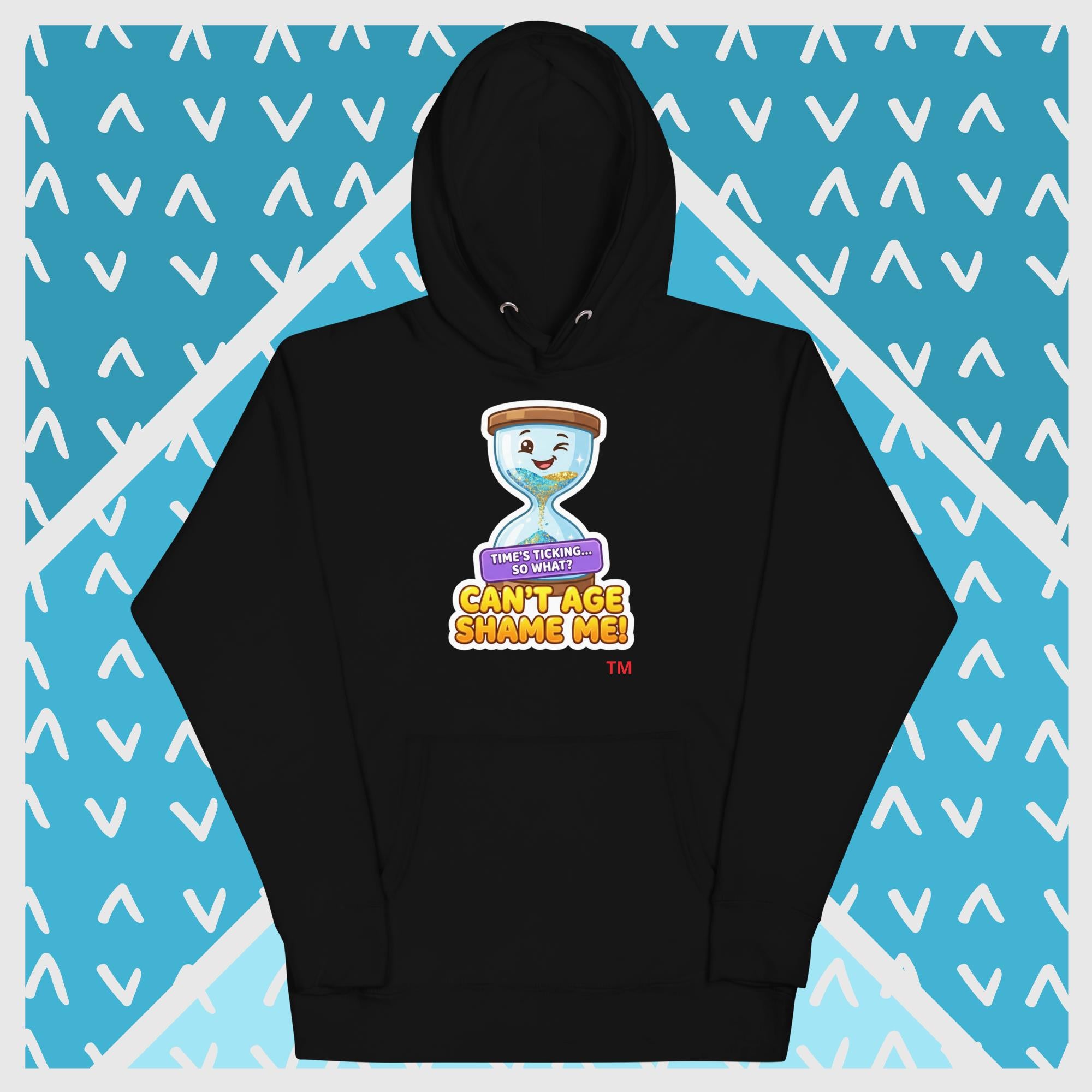 Black hoodie with a hour glass design on a blue background with white geometric patterns