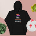 Black hoodie with colorful text design on a pink background with decorative elements.