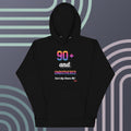 Black hoodie with colorful text on a gray background