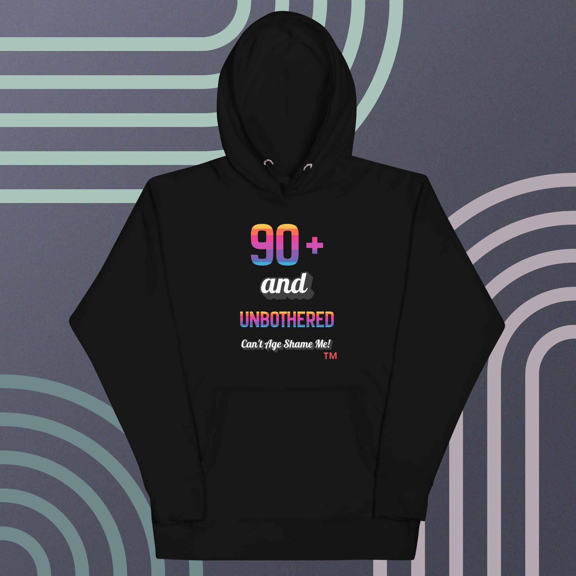 Black hoodie with colorful text on a gray background
