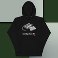 Black hoodie with cassette tape design and text on a gray and green background