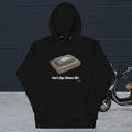 black hoodie with a design of vhs recorder and tape