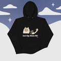 Black hoodie with phone graphic and 'Can't Age Shame Me!' text on a stylized landscape background