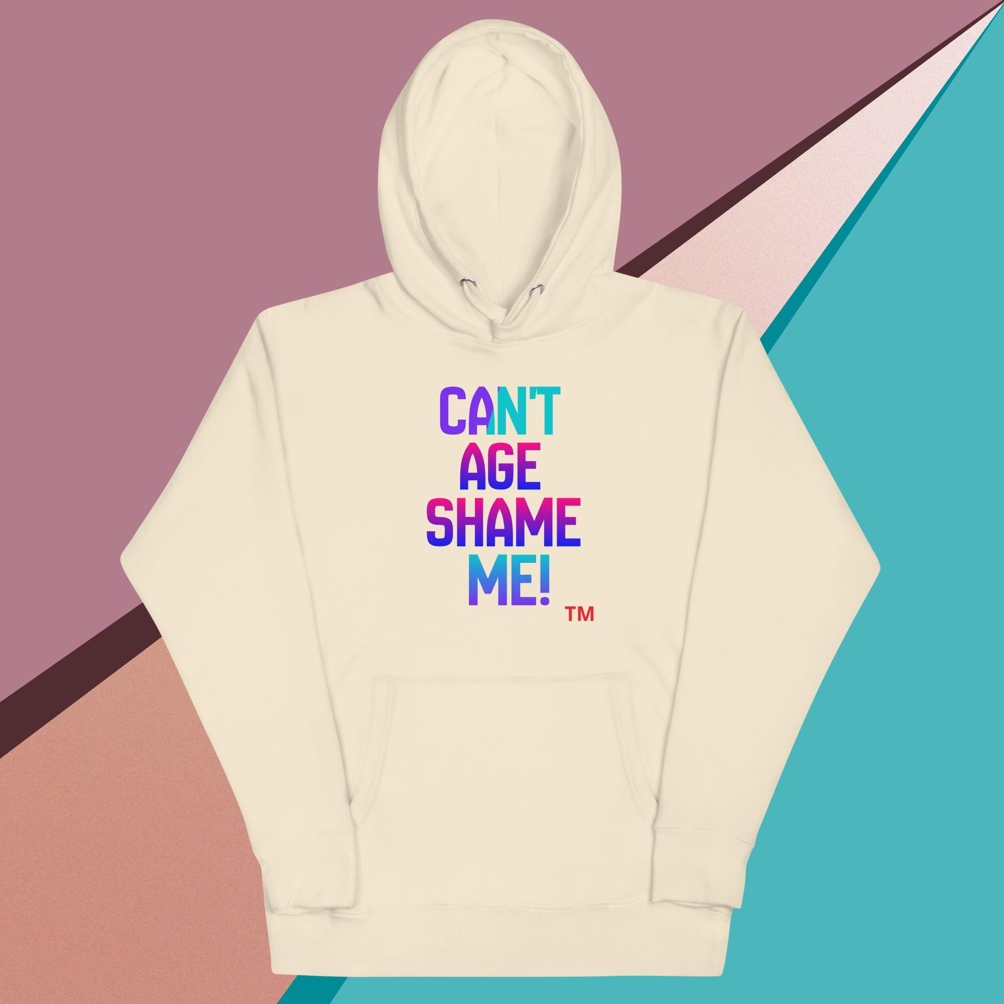 Beige hoodie with colorful text on a geometric background