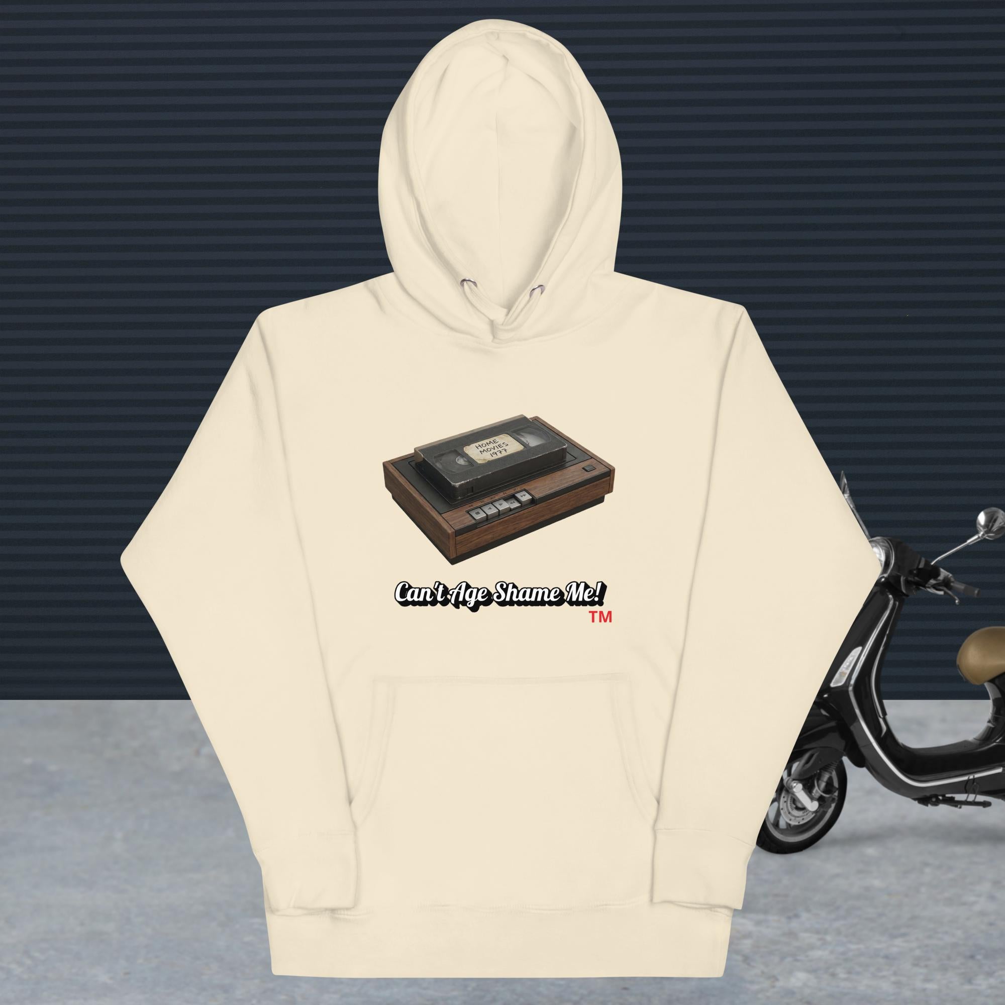 bone  hoodie with a design of vhs recorder and tape