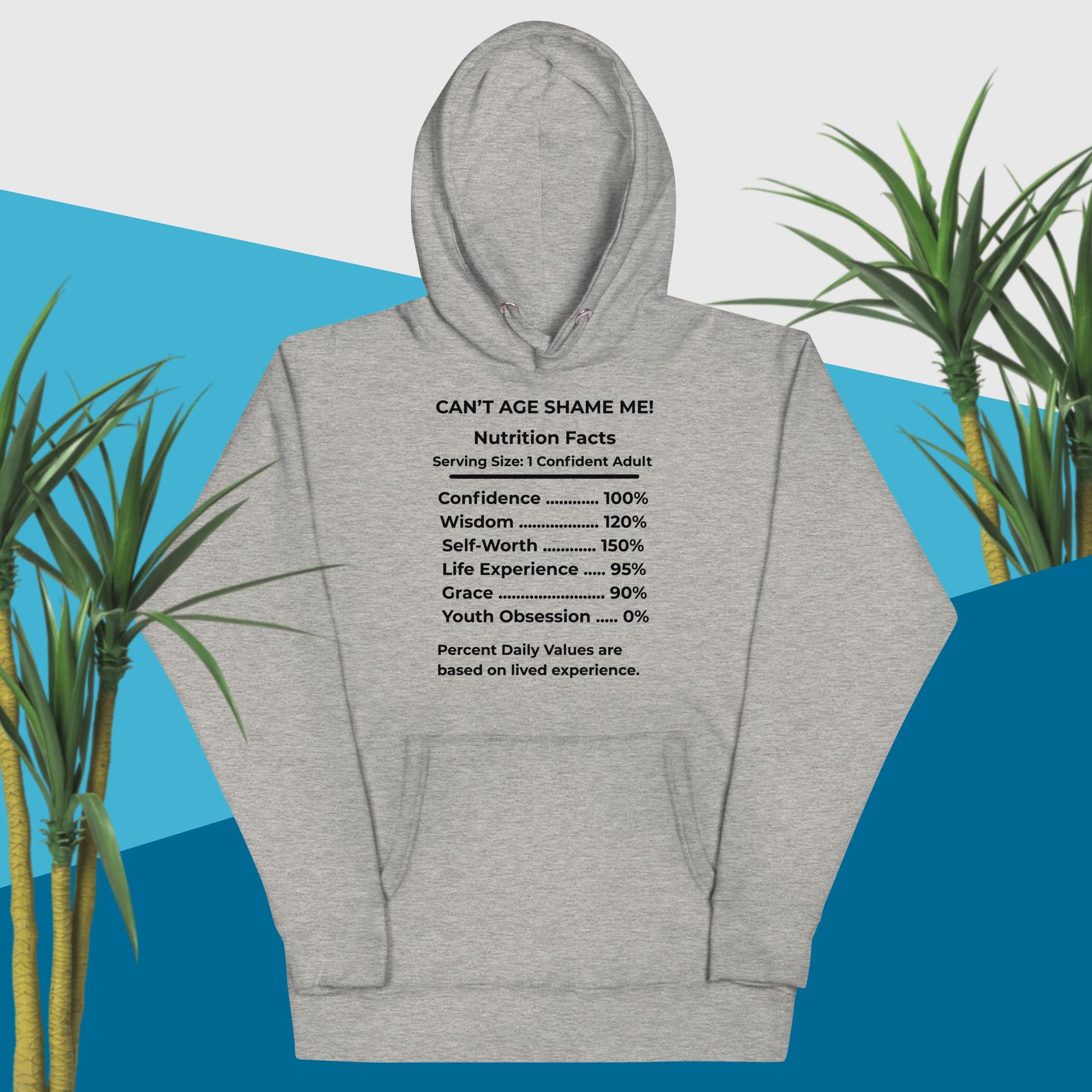 Carbon Grey Nutrition Facts Hoodie: Youth Not Required (Black Text)
