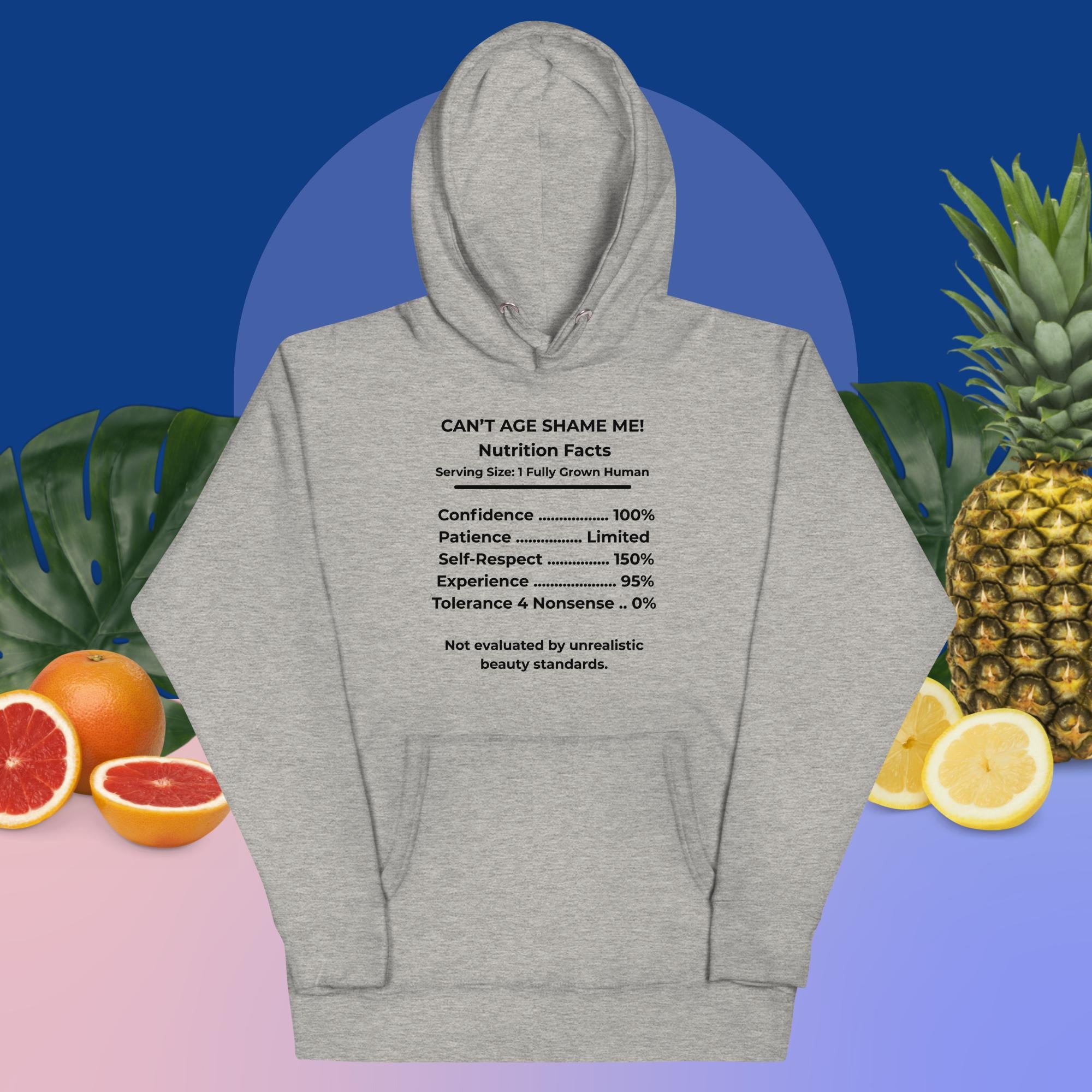 Carbon Grey Nutrition Facts Hoodie: Zero Nonsense (Black Text)

