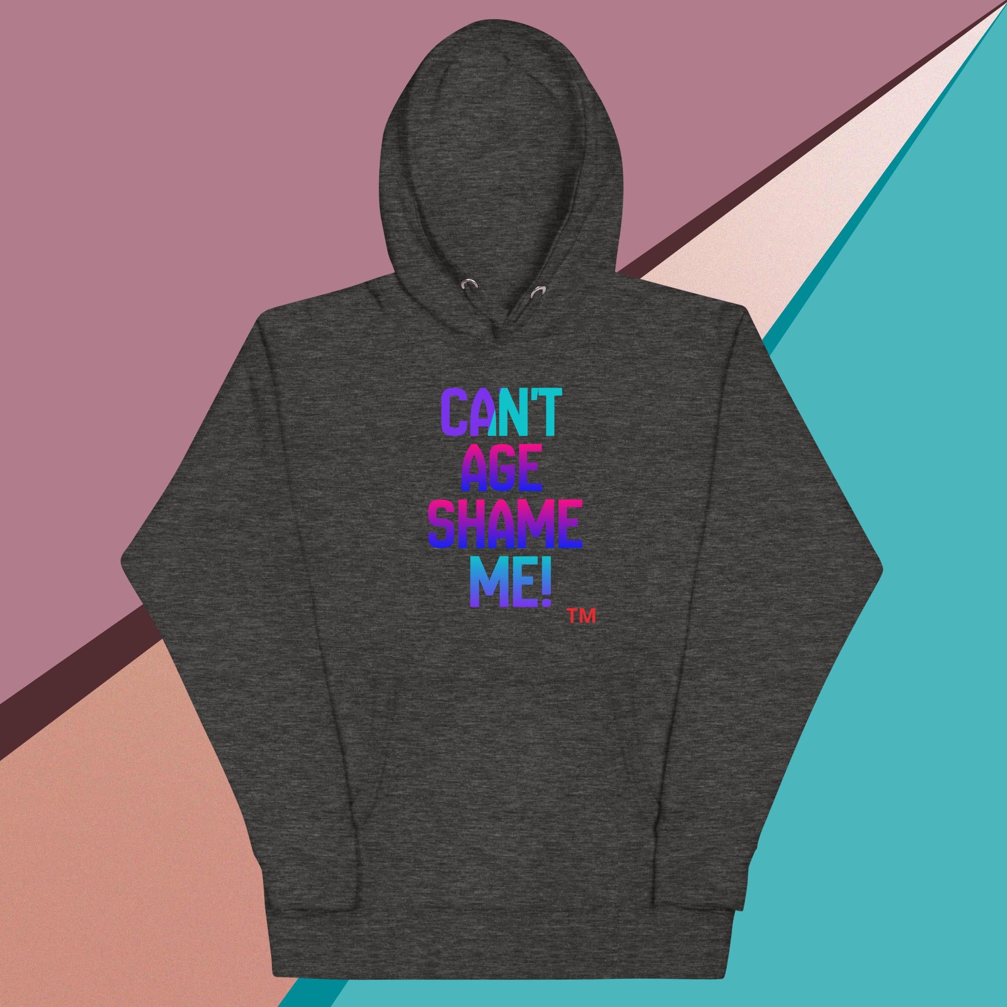 Dark gray hoodie with colorful text on a multicolored geometric background