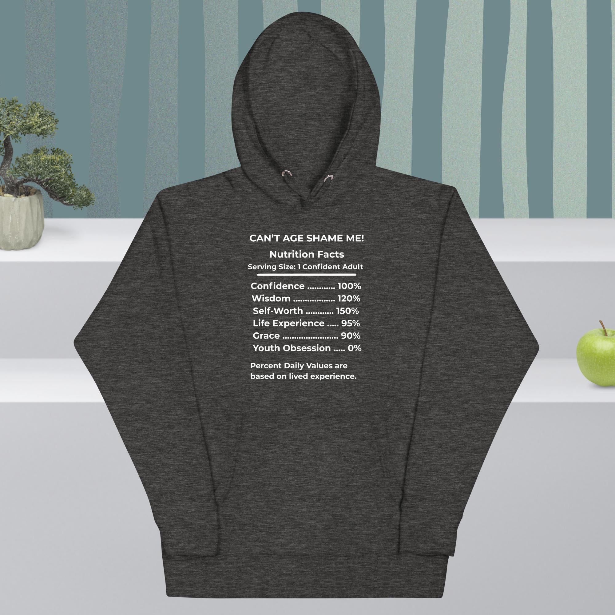 Charcoal heather Nutrition Facts Hoodie: Youth Not required (white text)

