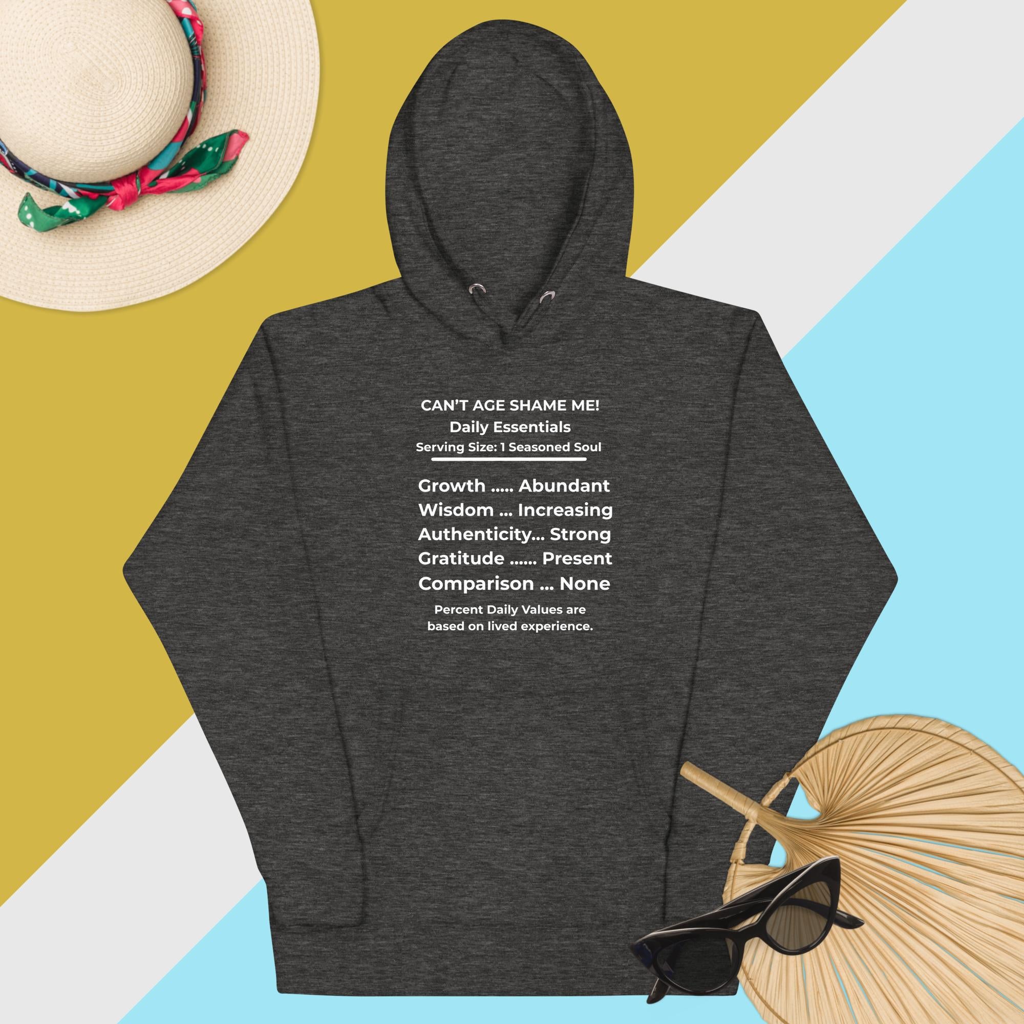 Charcoal Heather Nutrition Facts Hoodie: Zero Comparison (White Text)

