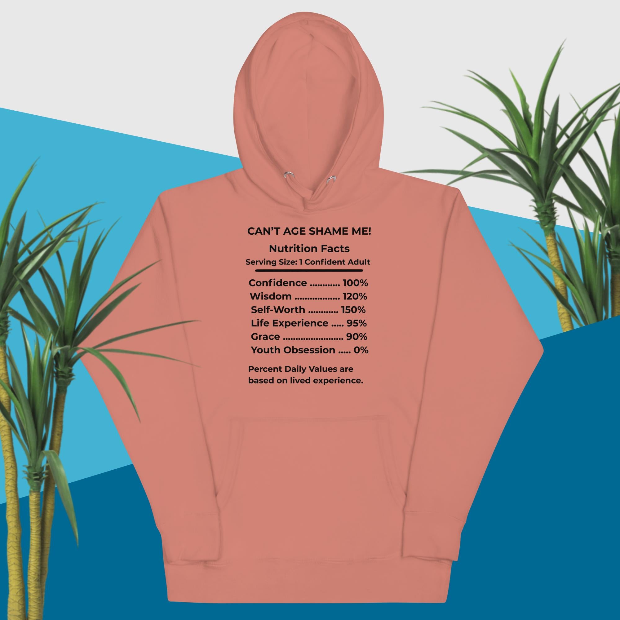 Dusty Rose Nutrition Facts Hoodie: Youth Not Required (Black Text)