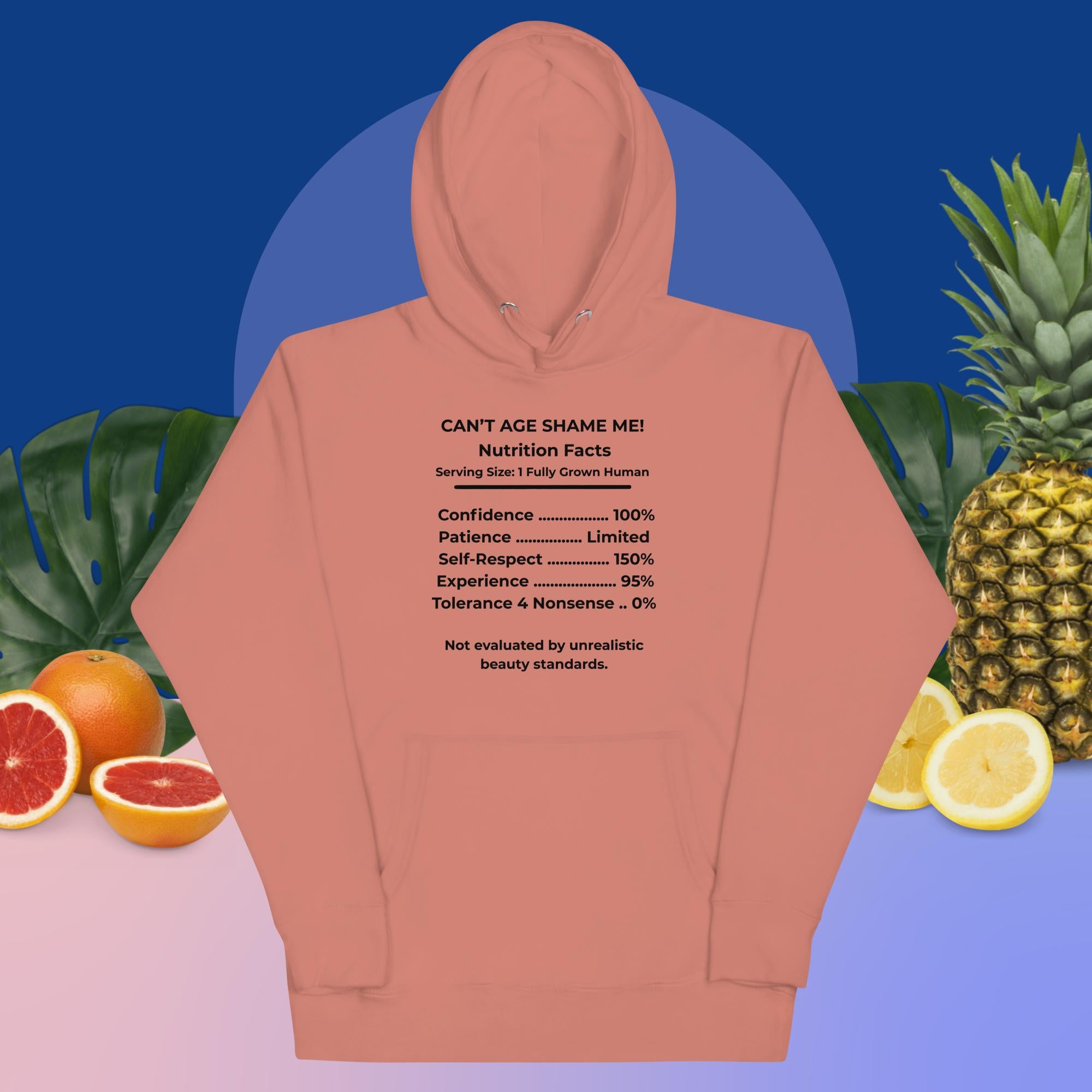Dusty Rose Nutrition Facts Hoodie: Zero Nonsense (Black Text)

