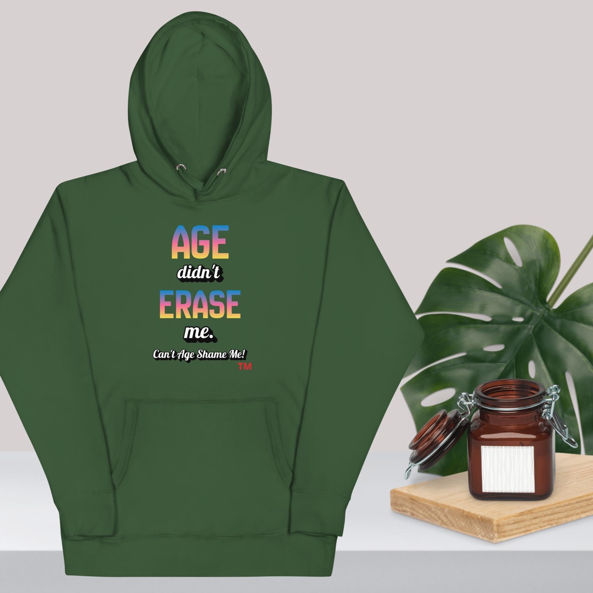 Forest Green hoodie with colorful text design on a light gray background