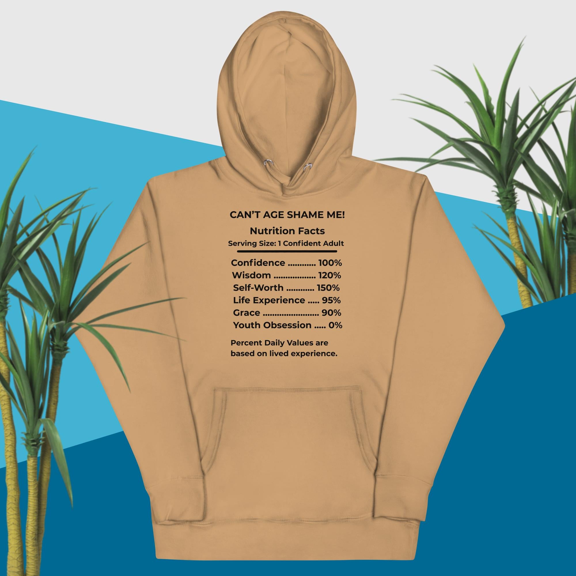 Khaki Nutrition Facts Hoodie : Youth Not Required  (Black Text)
