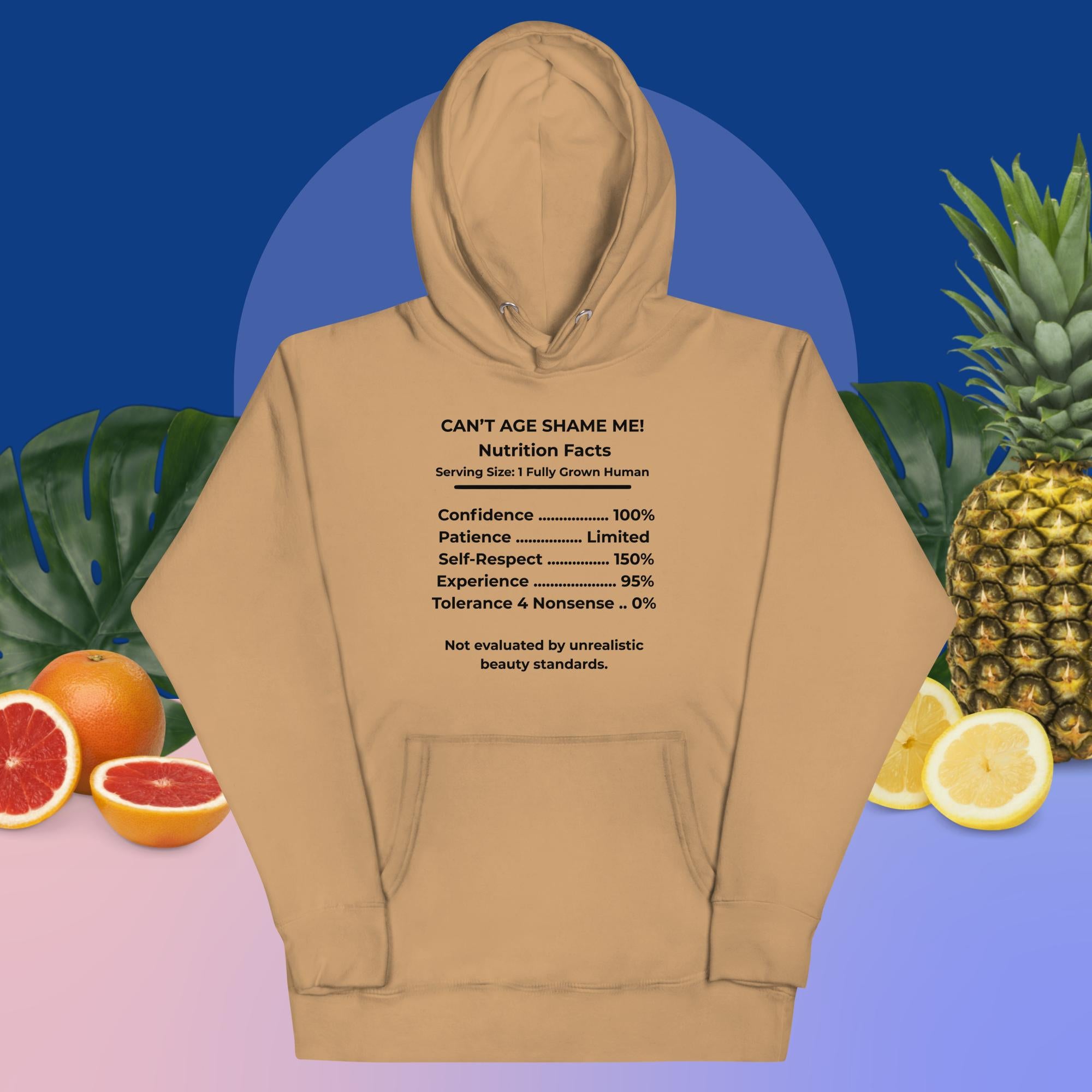Khaki Nutrition Facts Hoodie: Zero Nonsense (Black Text)


