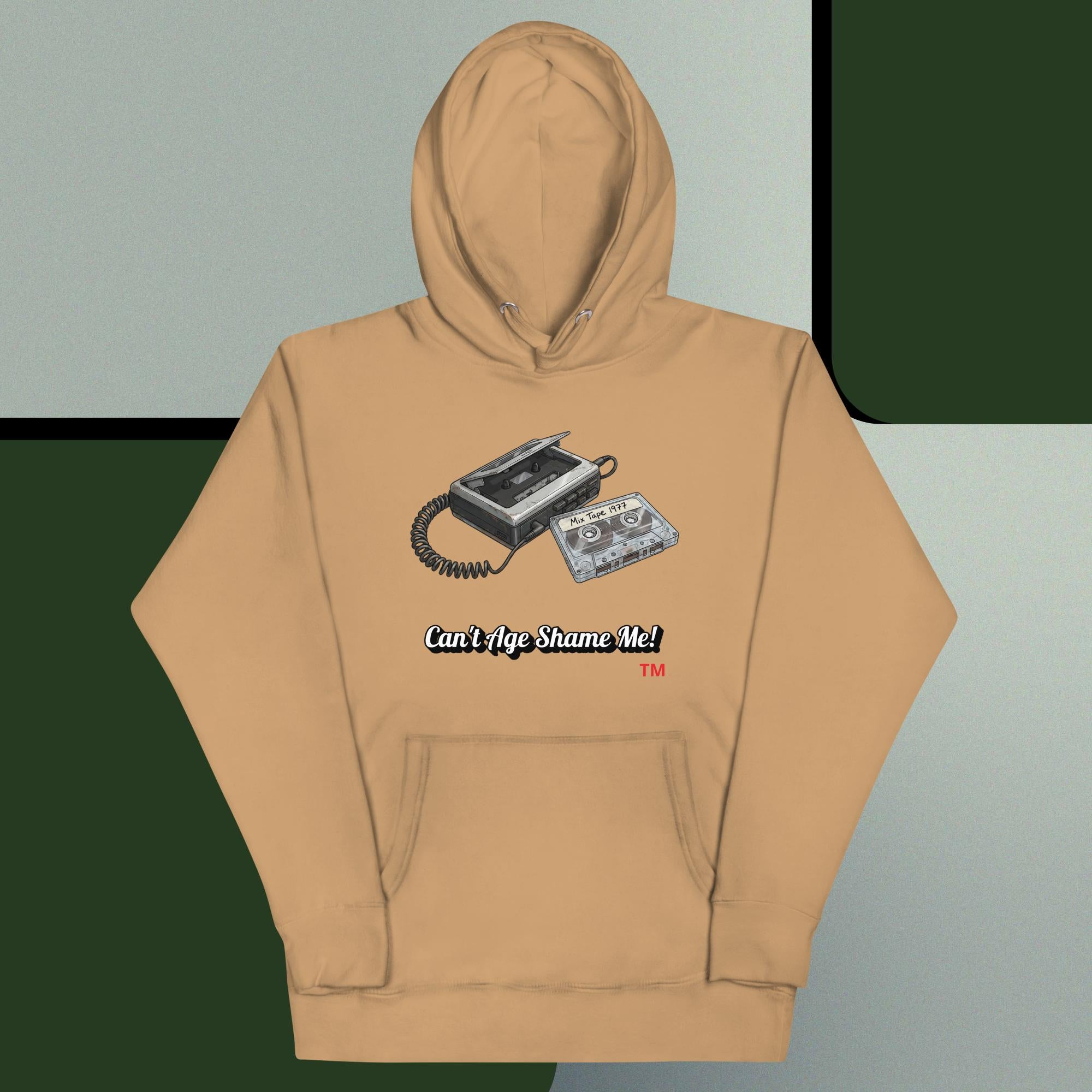 khaki hoodie with a graphic of a cassette player and text on a gray and green background