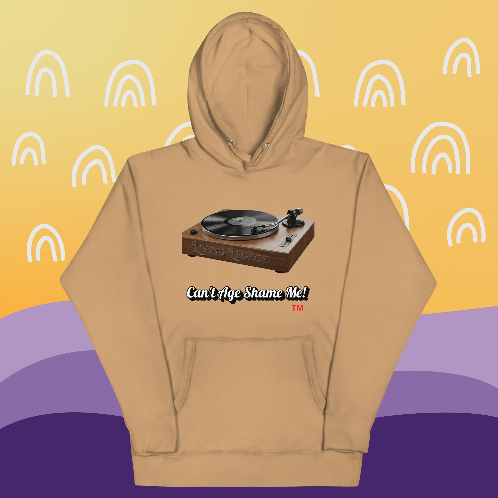 khaki hoodie with a graphic of a turntable and text can't age shame me! on a yellow and purple background