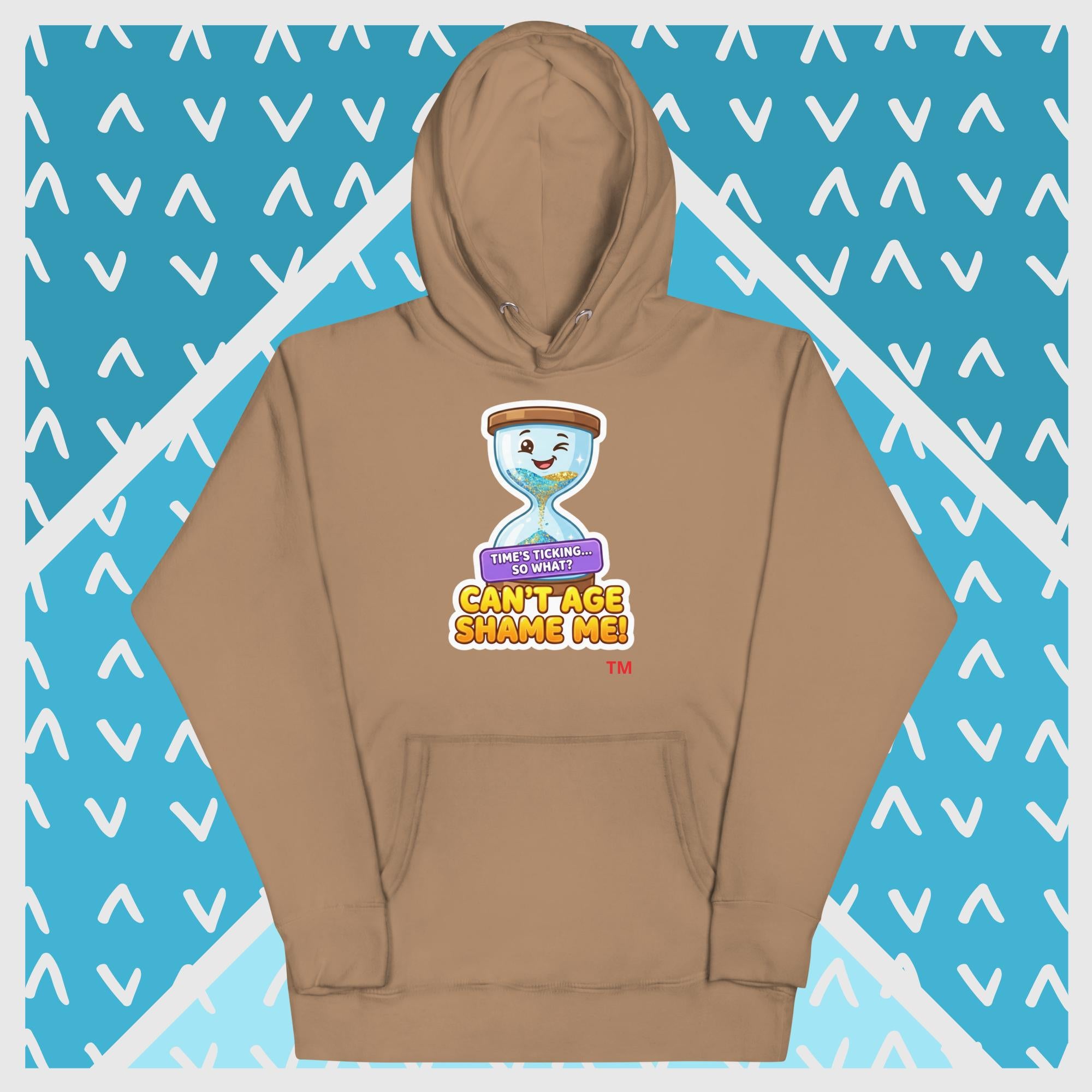Latte hoodie with a hour glass design on a blue background with white geometric patterns