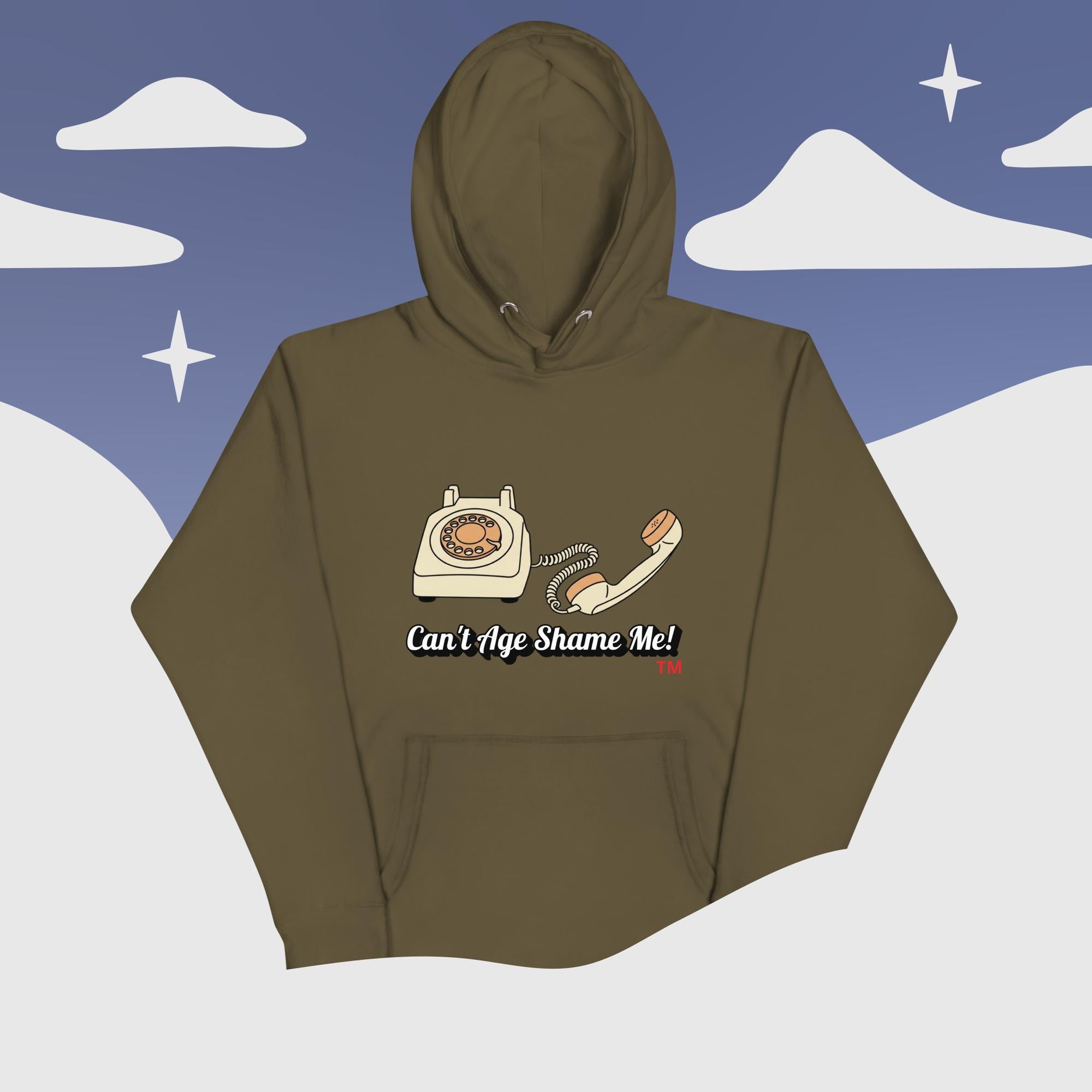 military green  hoodie with phone graphic and text 'Can't Age Shame Me!' against a snowy mountain background