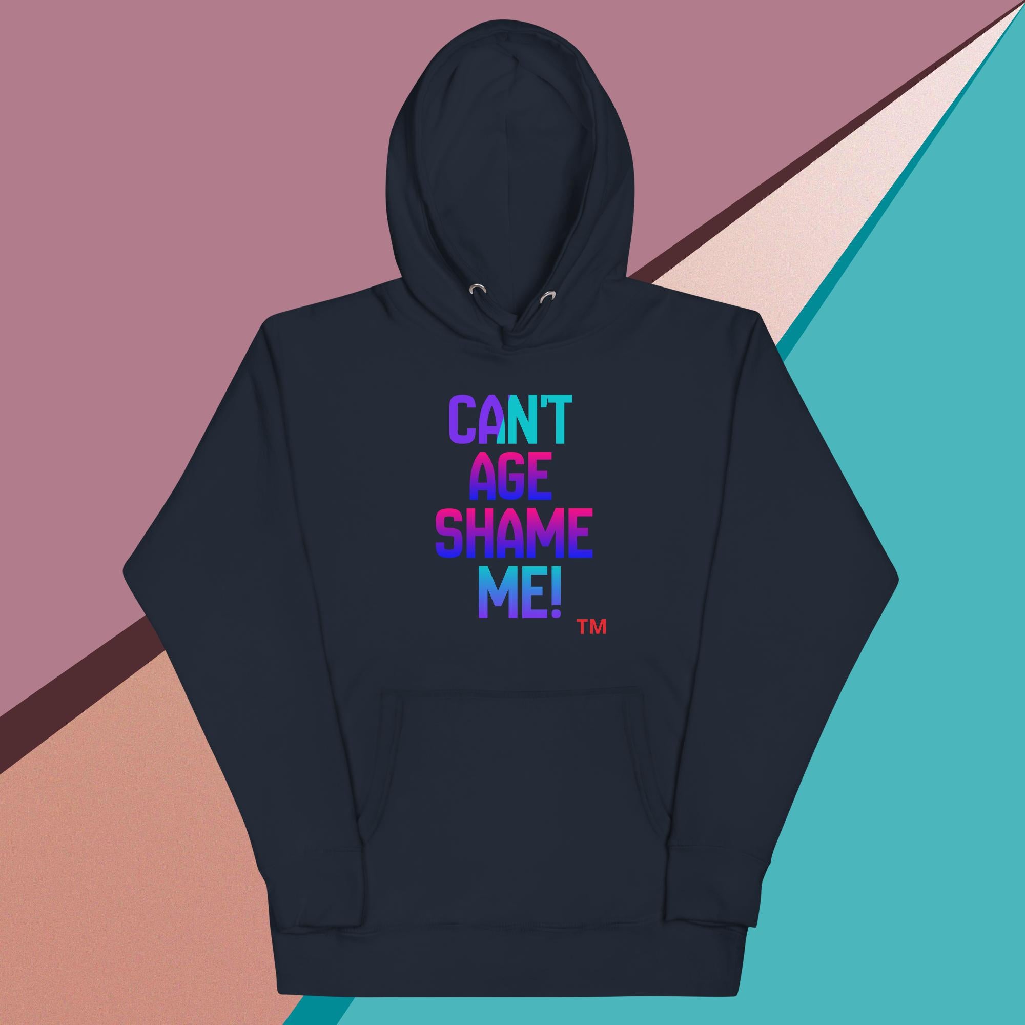 Black hoodie with colorful text on a multicolored geometric background