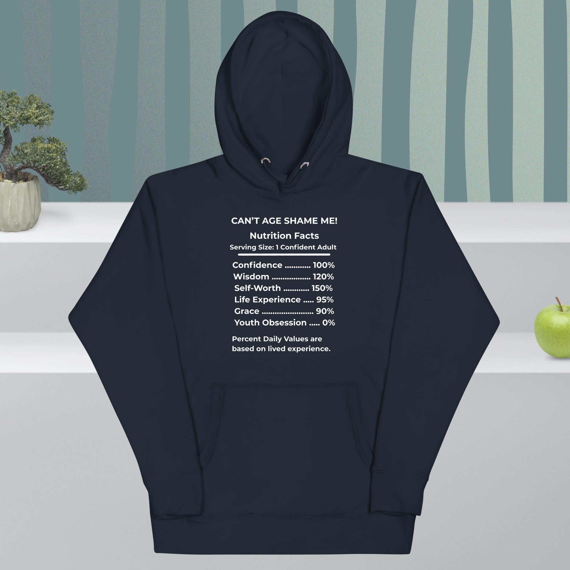Navy Blazer Nutrition Facts Hoodie :Youth Not Required (white text)

