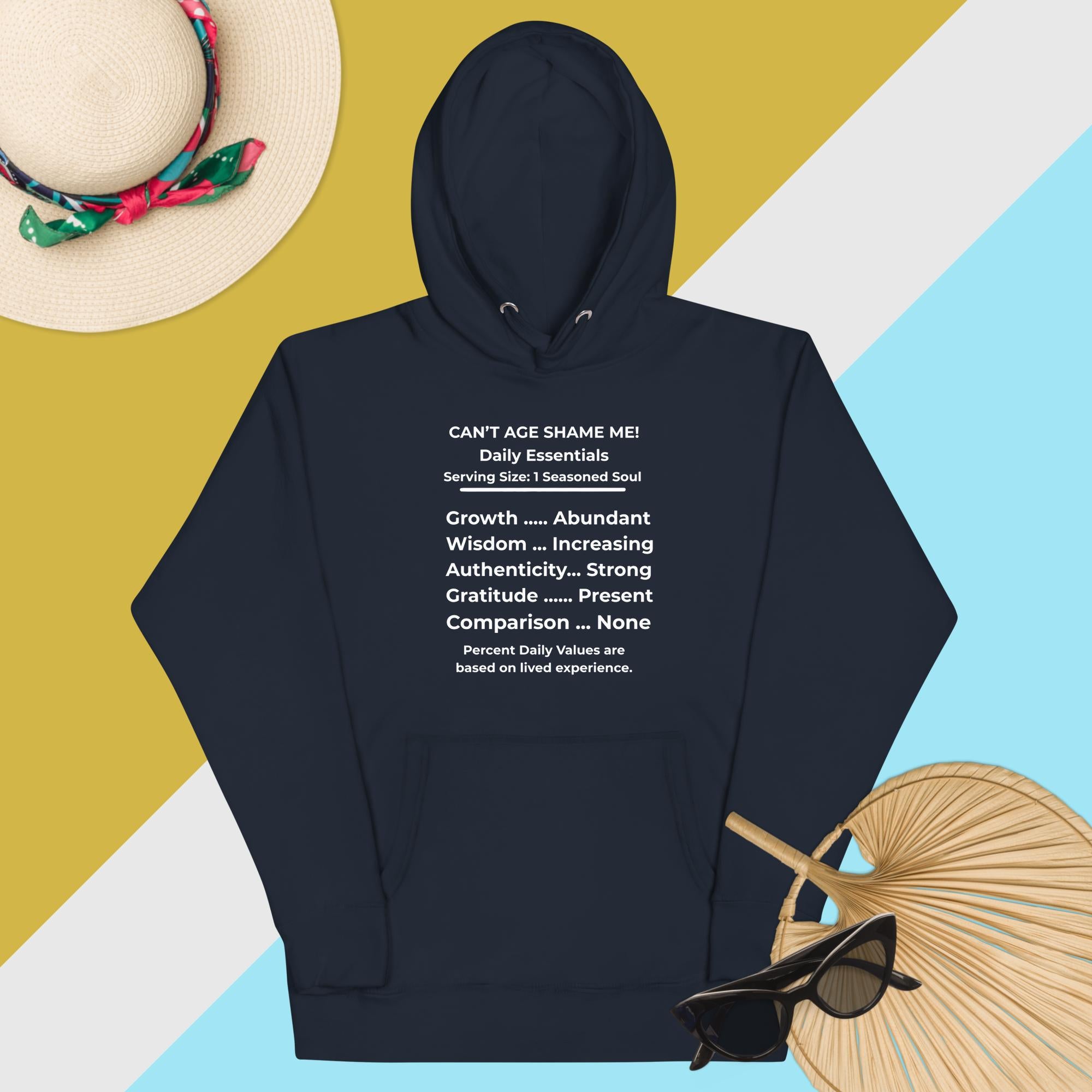 Navy Blazer Nutrition Facts Hoodie: Zero Comparison (White Text)

