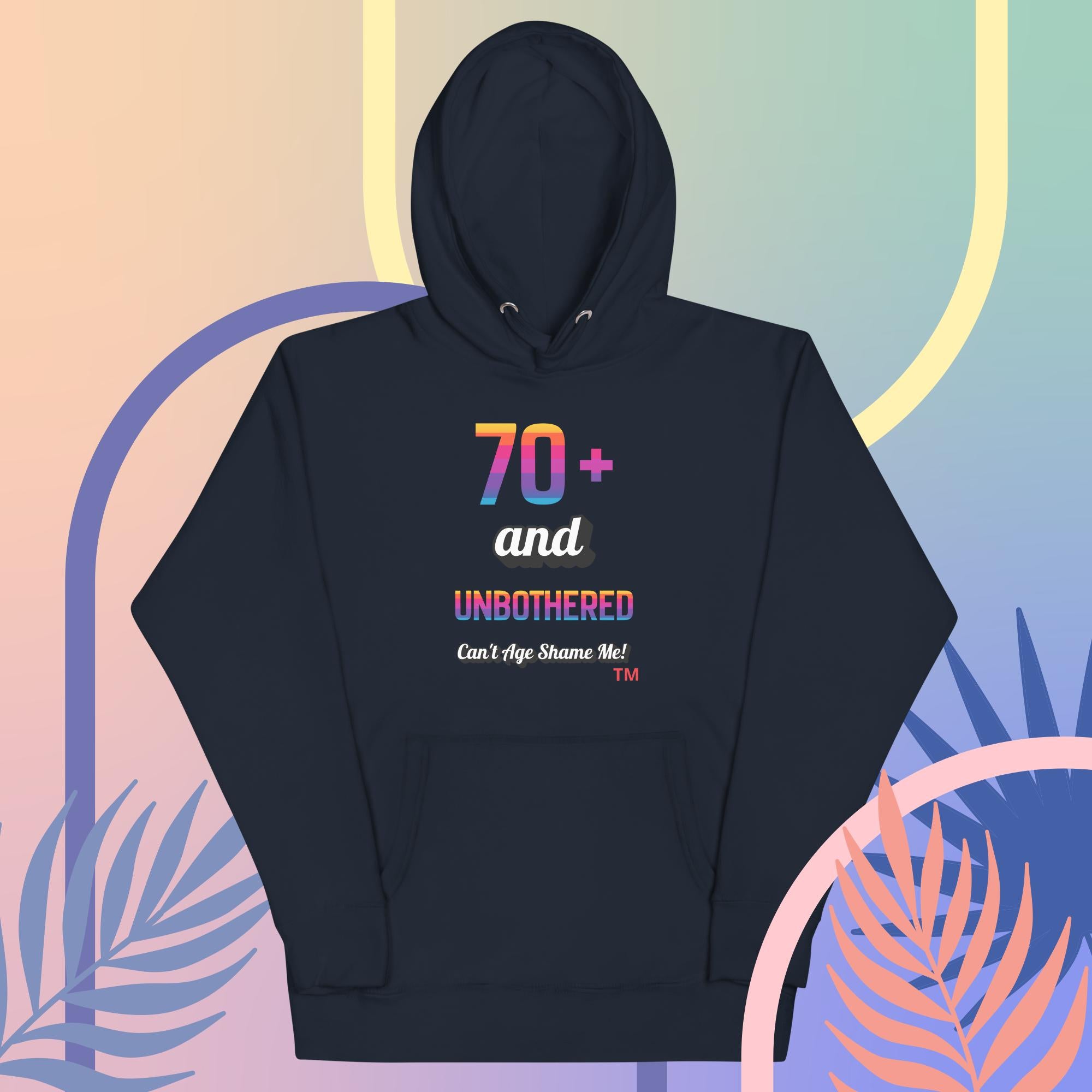 Vintage Black hoodie with colorful text design on a multicolored abstract background