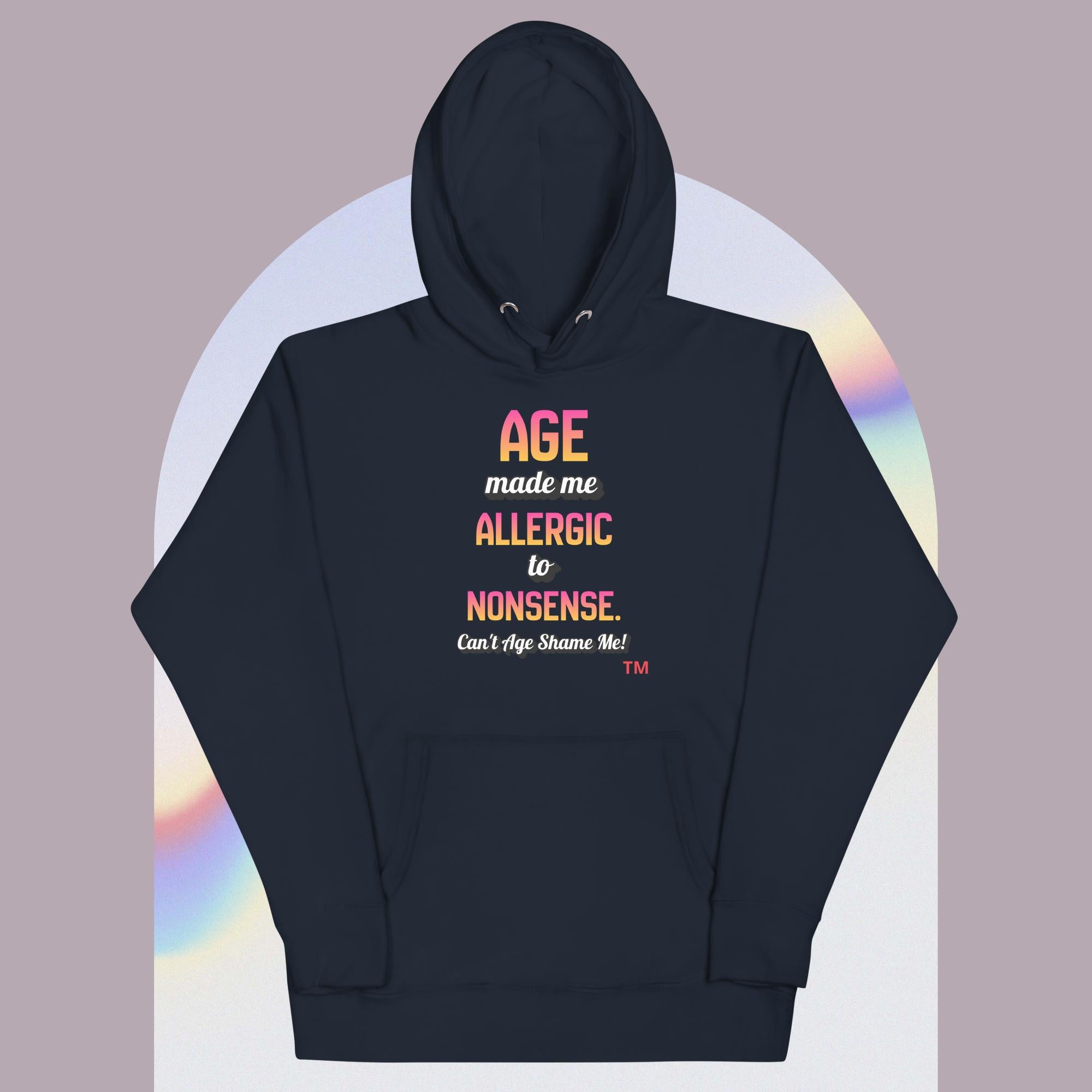 Navy  hoodie with colorful text on a gradient background