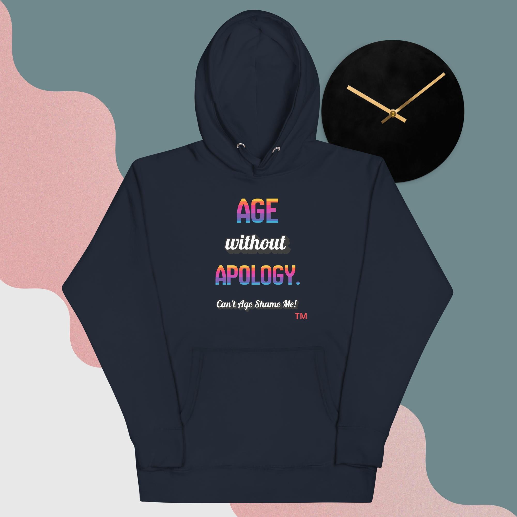Navy hoodie with colorful text on a gray background