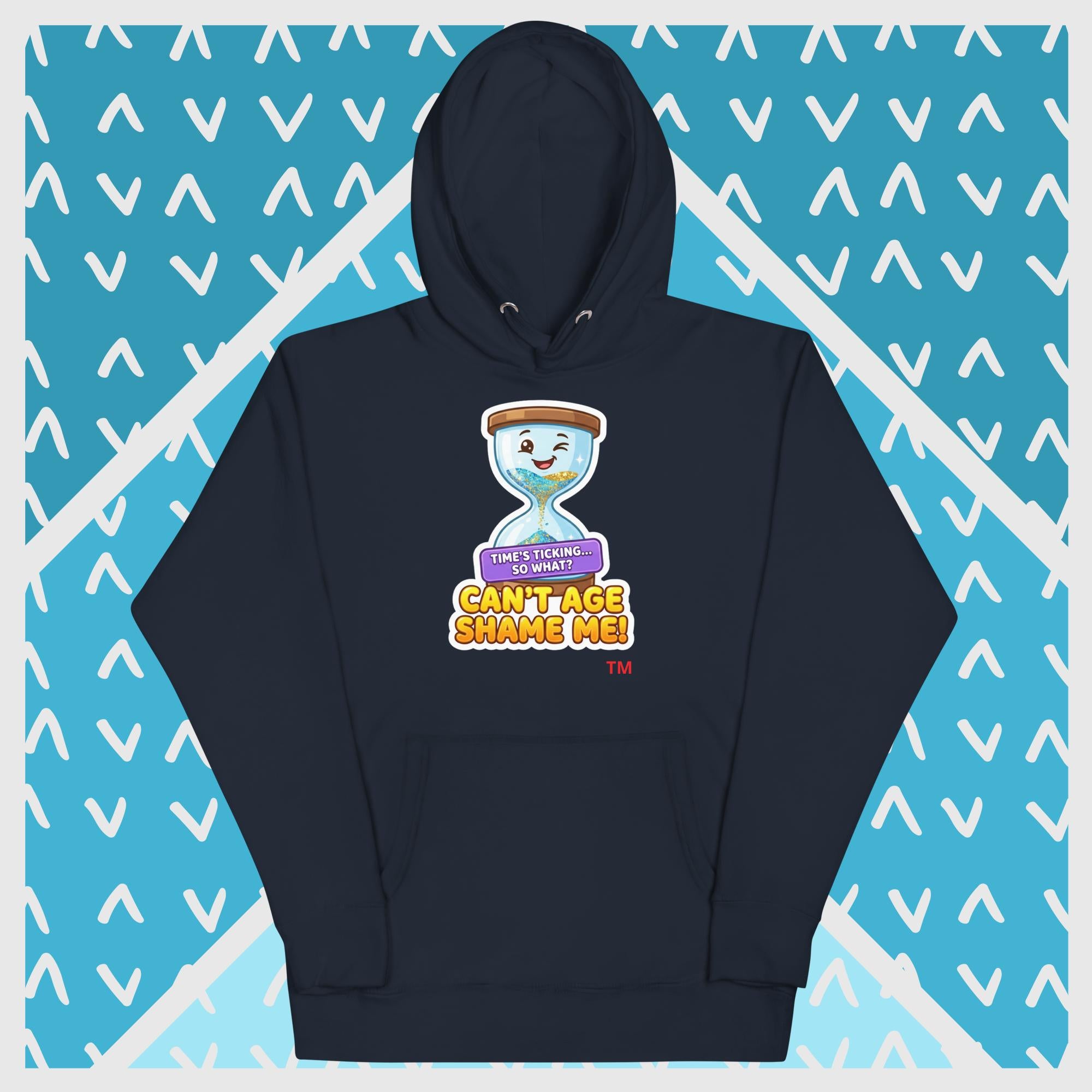 Navy blue hoodie with a hour glass design on a blue background with white geometric patterns