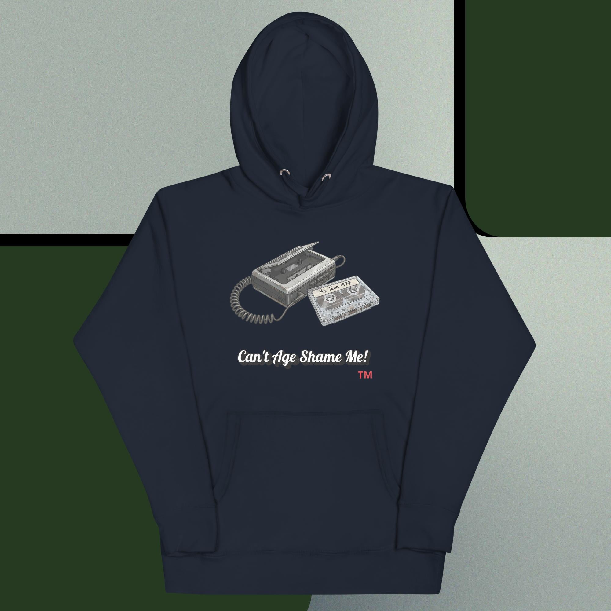 Navy blue hoodie with cassette tape design and text on a gray and green background