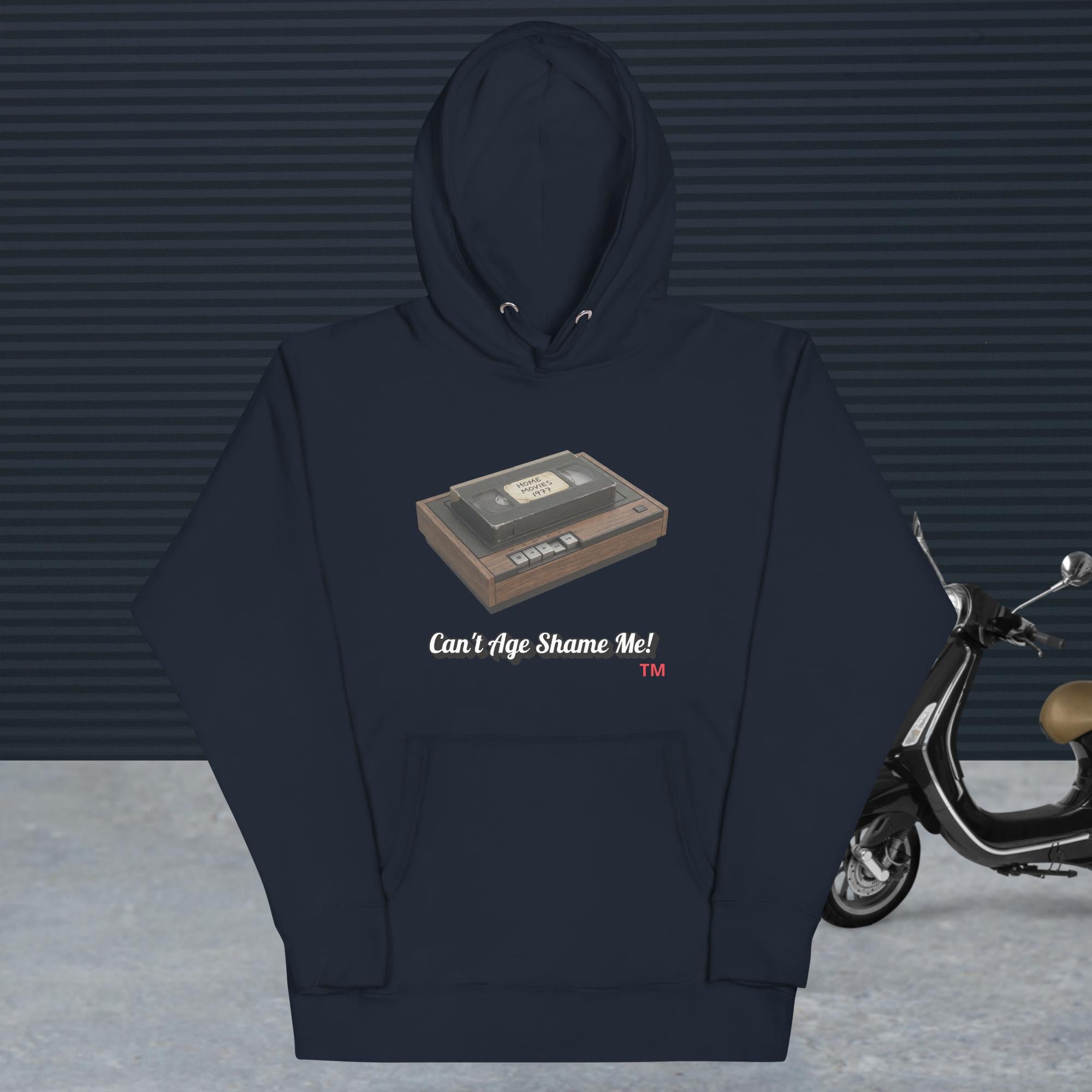 navy hoodie with a design of vhs recorder and tape