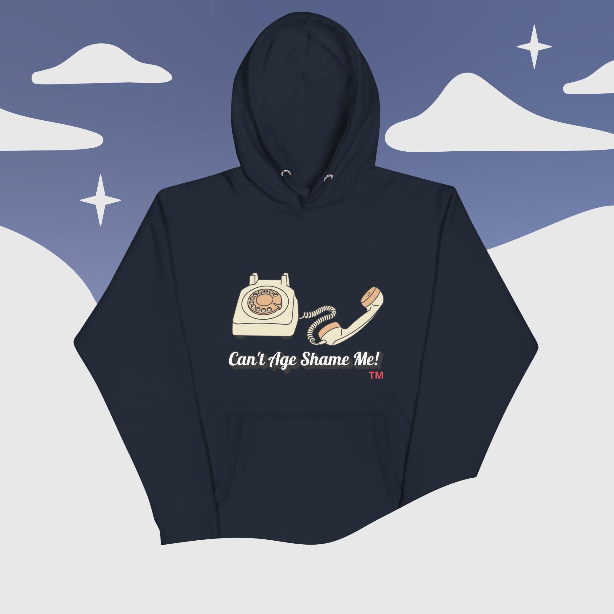 Navy hoodie with phone graphic and 'Can't Age Shame Me!' text on a snowy landscape background