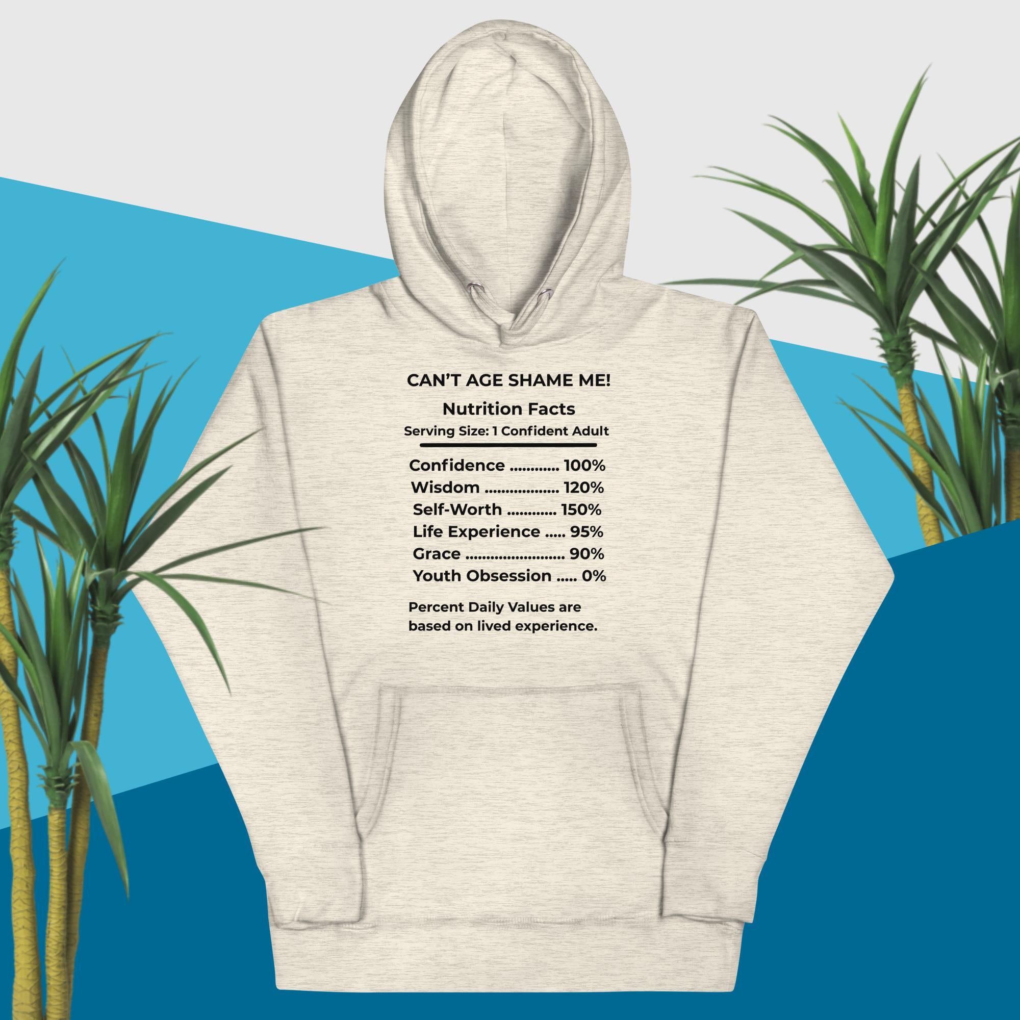 Oatmeal Heather Nutrition Facts Hoodie: Youth Not Required (Black Text)