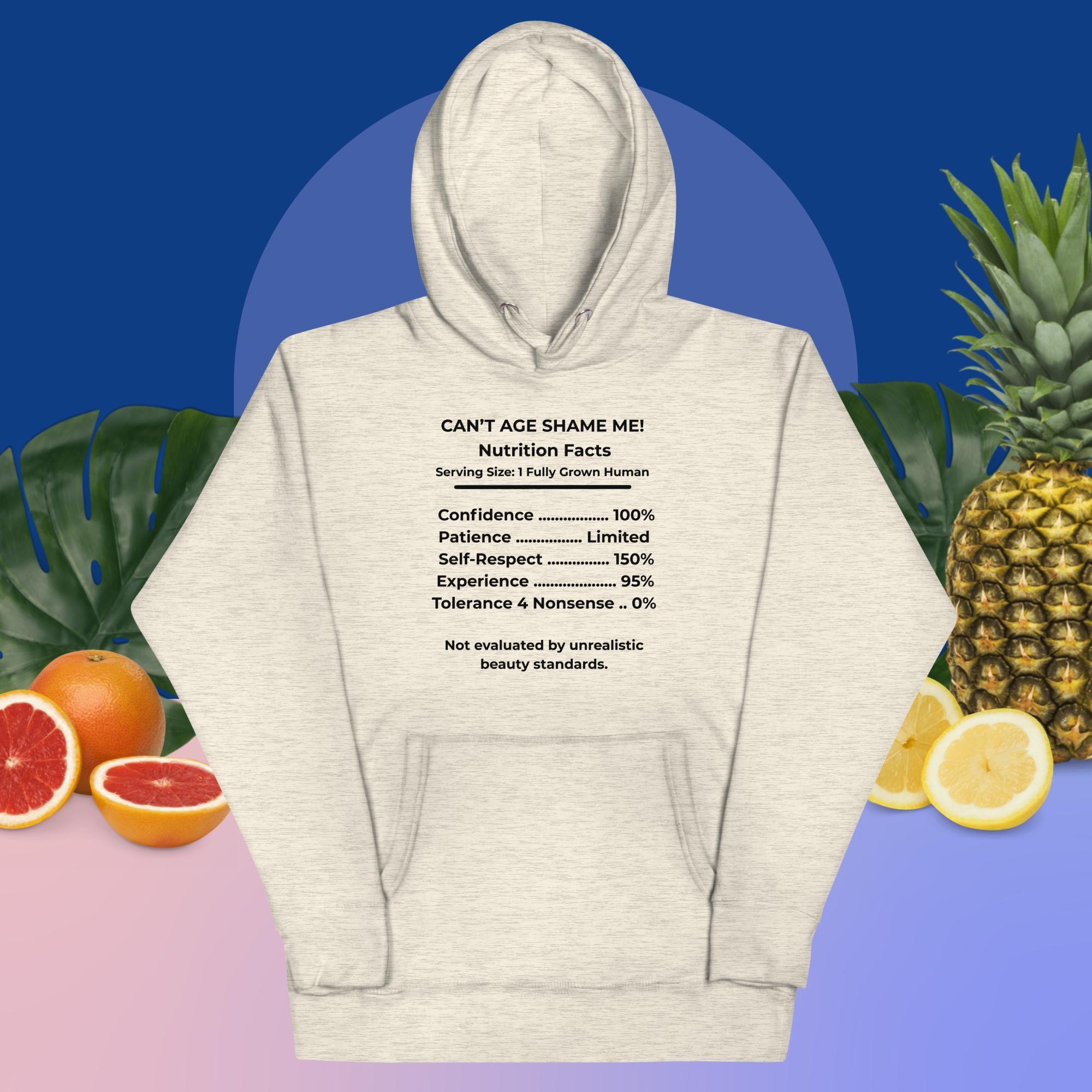 Oatmeal Heather Nutrition Facts Hoodie: Zero Nonsense (Black Text)


