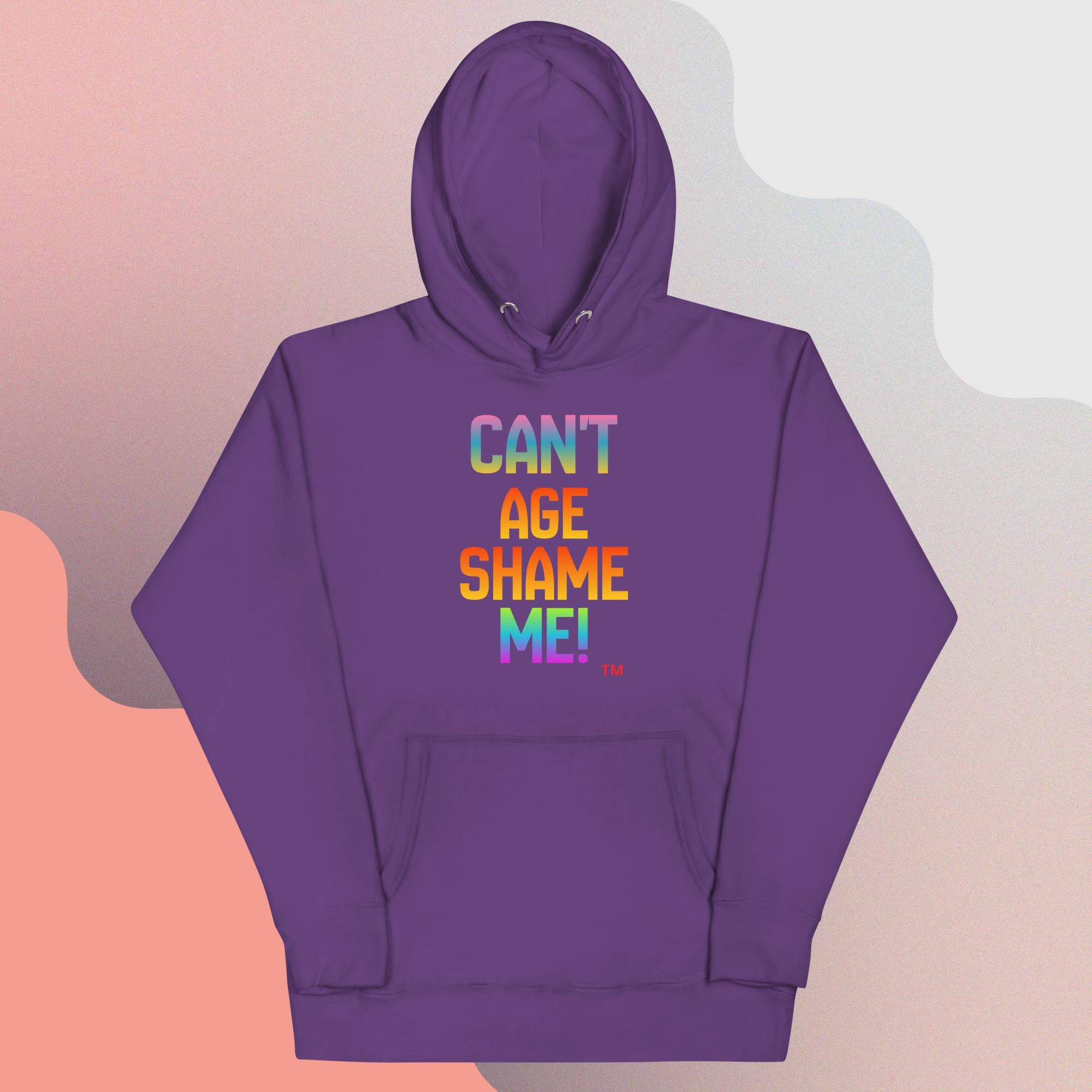 Purple hoodie with colorful text on a gradient background