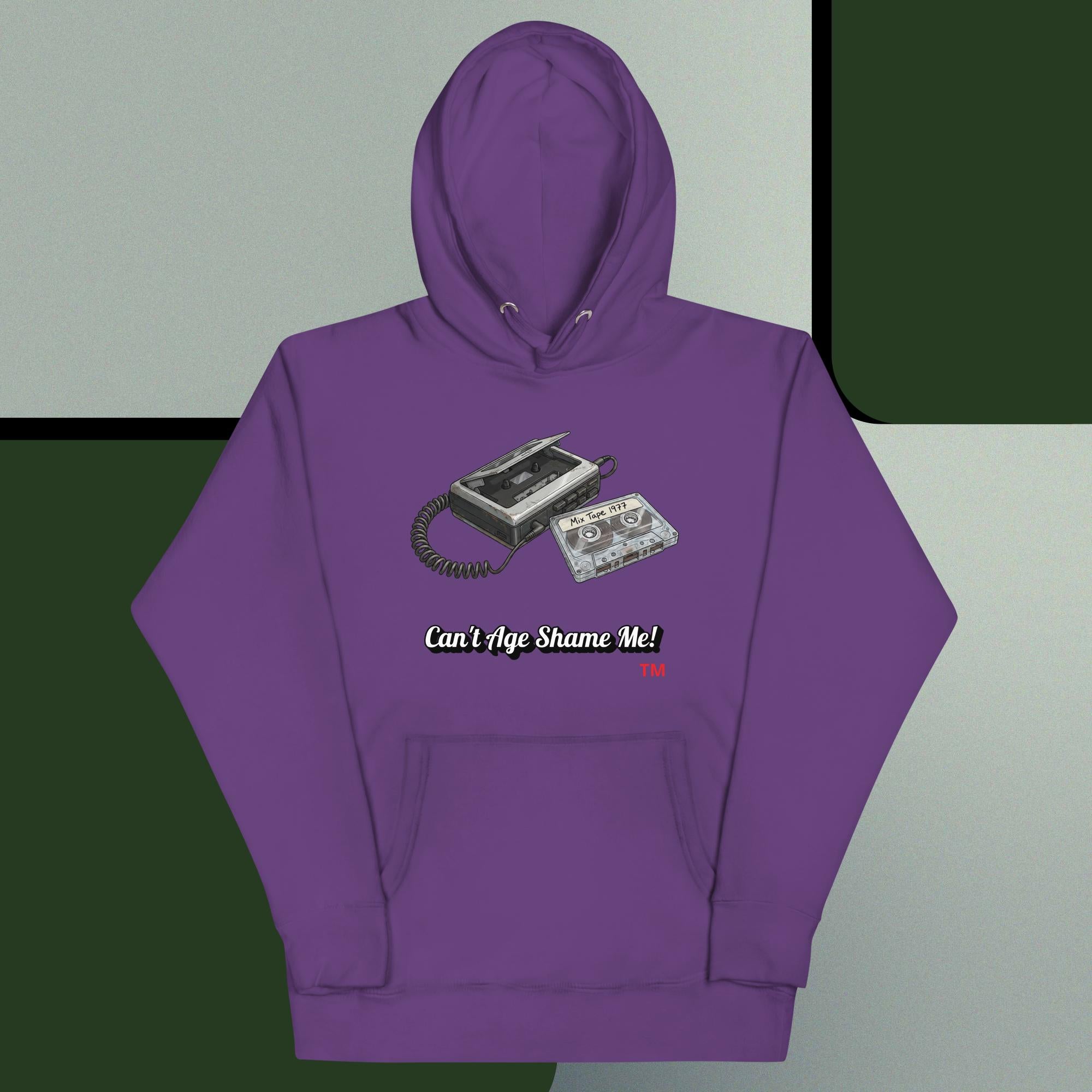 Purple hoodie with a graphic of a cassette tape on a gray and green background