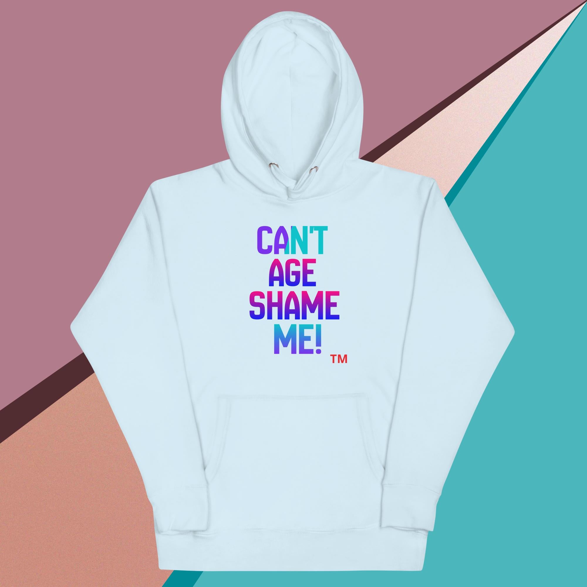Light blue hoodie with colorful text on a multicolored geometric background
