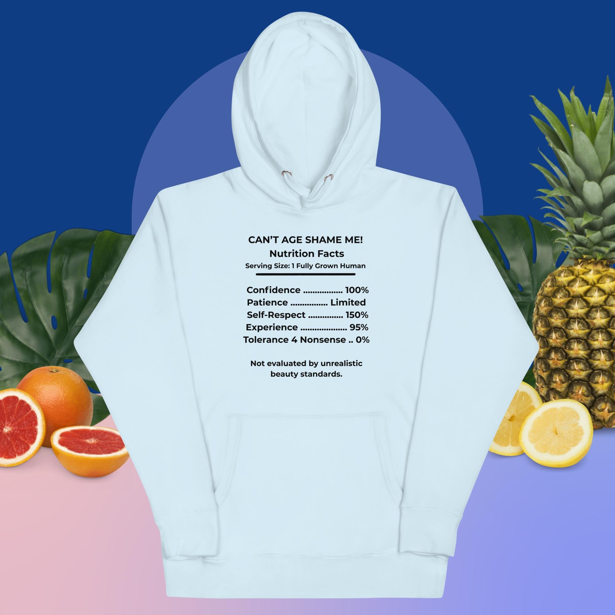 Sky Blue Nutrition Facts Hoodie: Zero Nonsense (Black Text)

